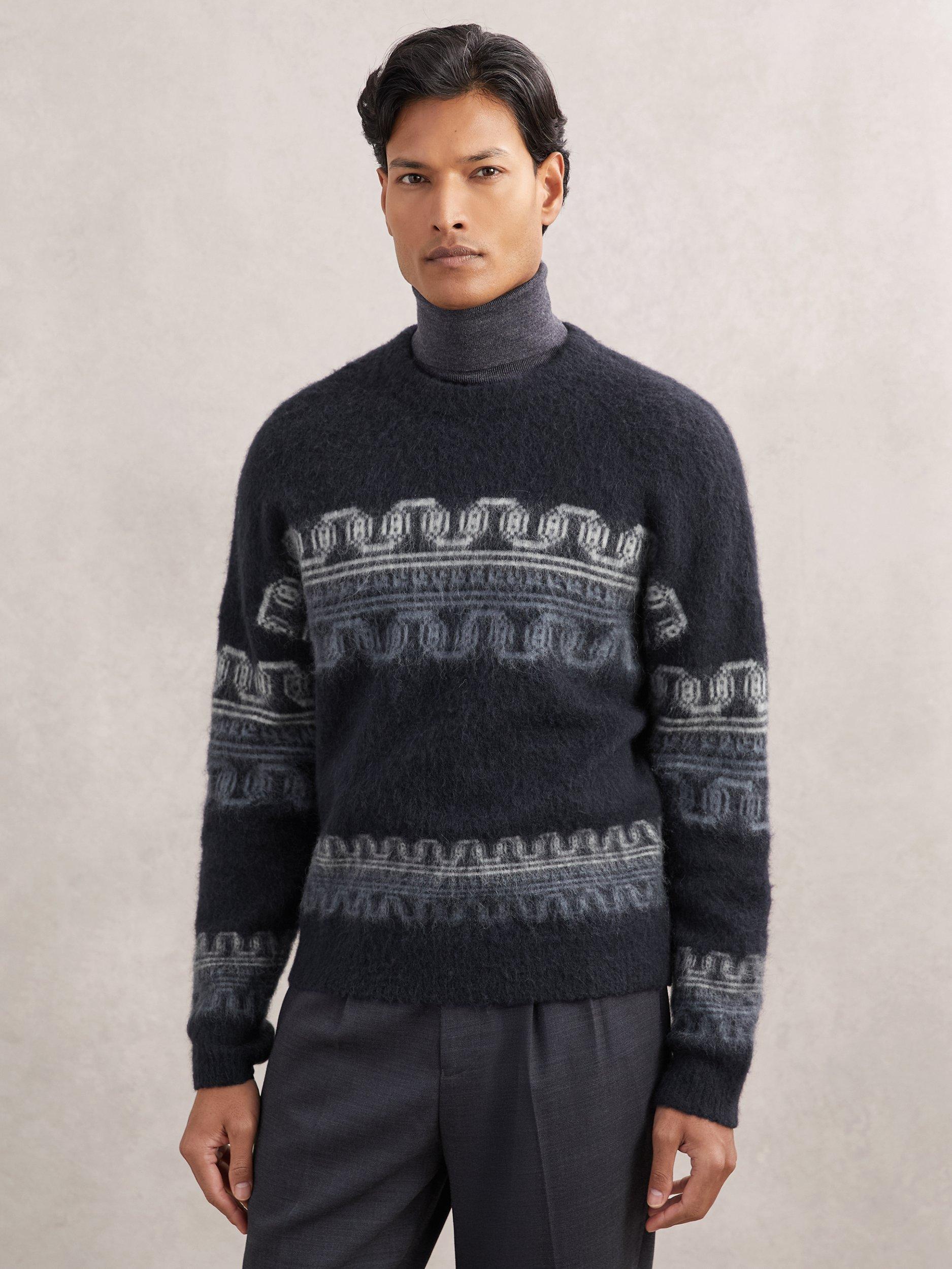 Product image 1 of 5, which shows Reiss Lennox Fair Isle Jumper, Navy, XS