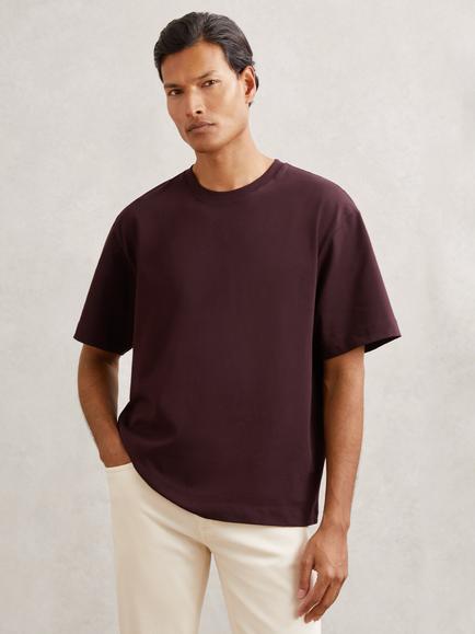 Reiss Tate Pure Cotton Oversized Short Sleeved T-Shirt, Bordeaux