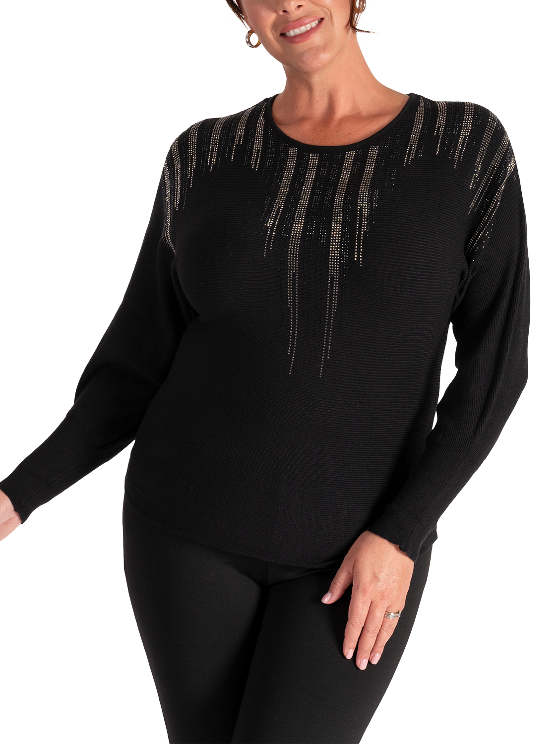 Product image 1 of 6, which shows chesca Sparkle Trim Fine Knit Jumper, Black, 10-12