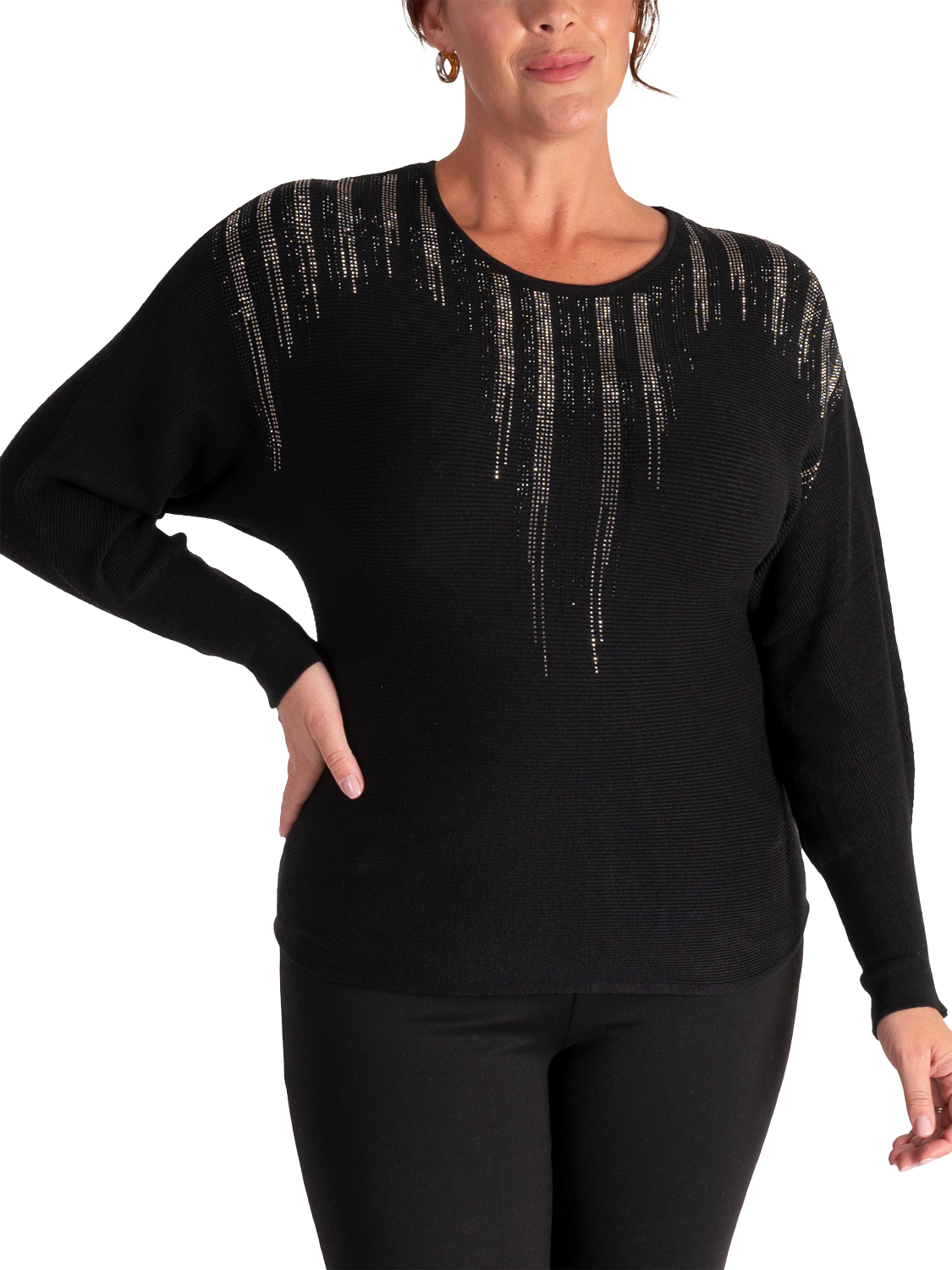Product image 3 of 6, which shows chesca Sparkle Trim Fine Knit Jumper, Black, 10-12