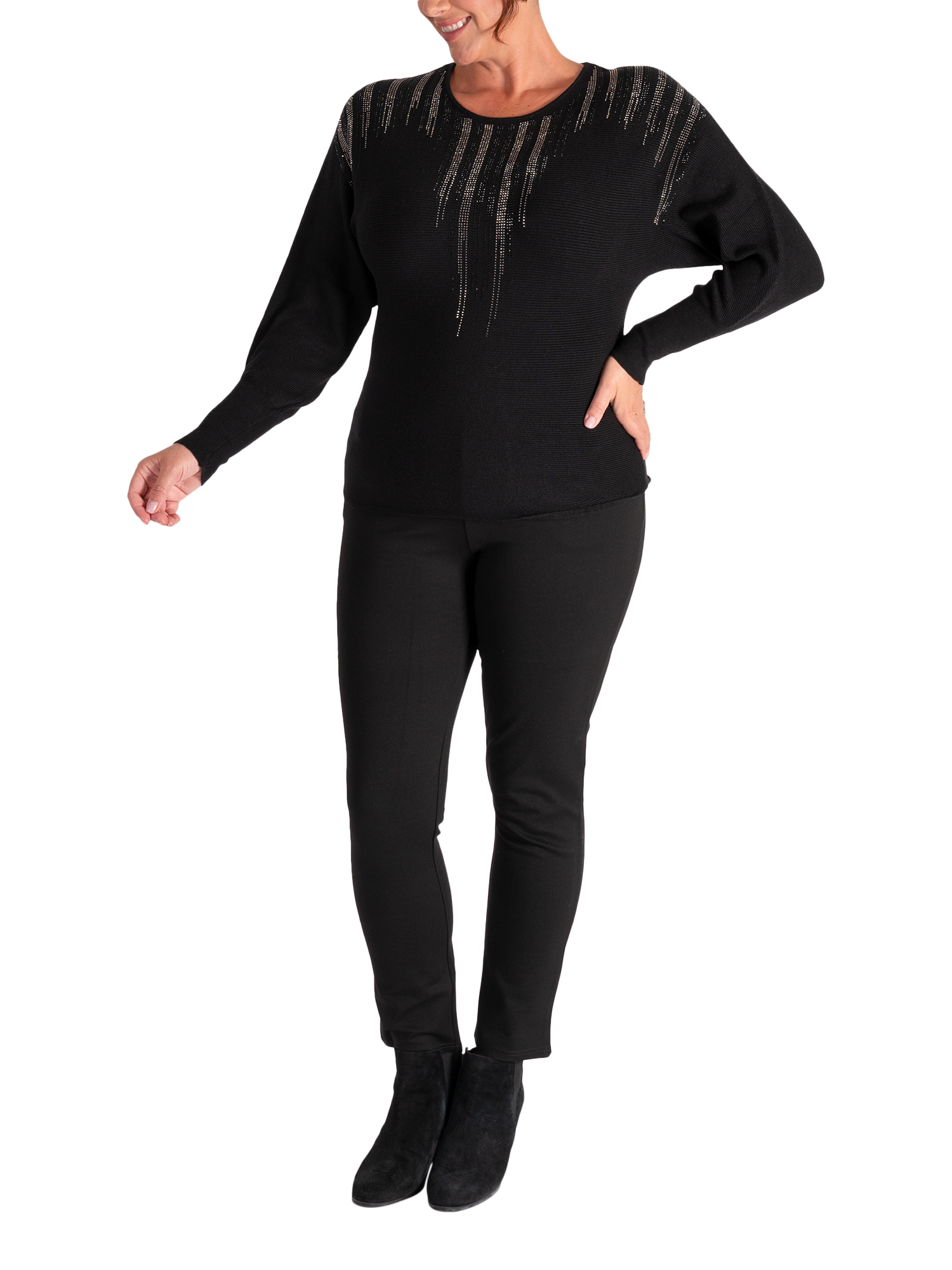Product image 4 of 6, which shows chesca Sparkle Trim Fine Knit Jumper, Black, 10-12