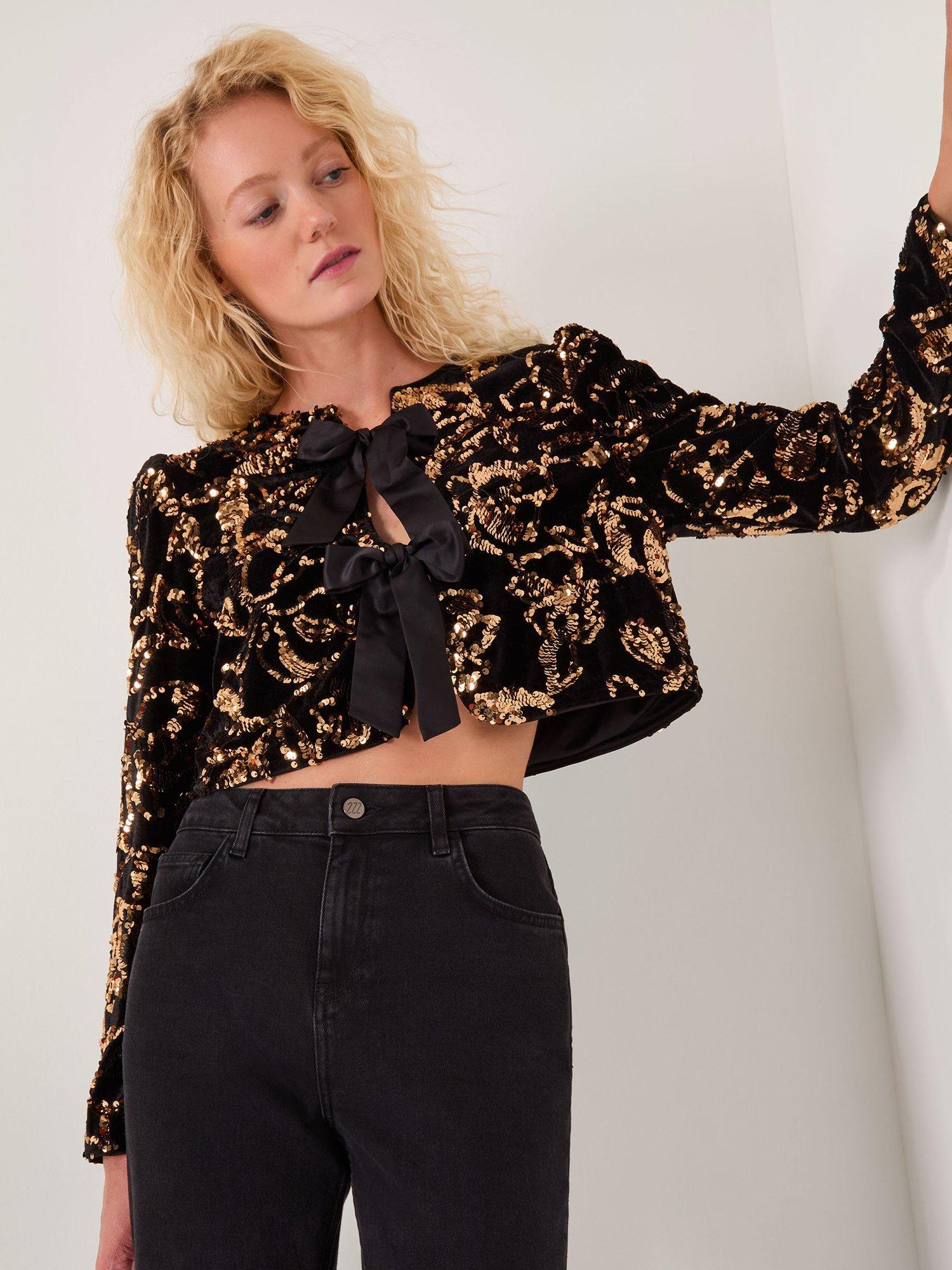 Product image 1 of 5, which shows Monsoon Shola Bow Detail Sequin Jacket, Black, XL