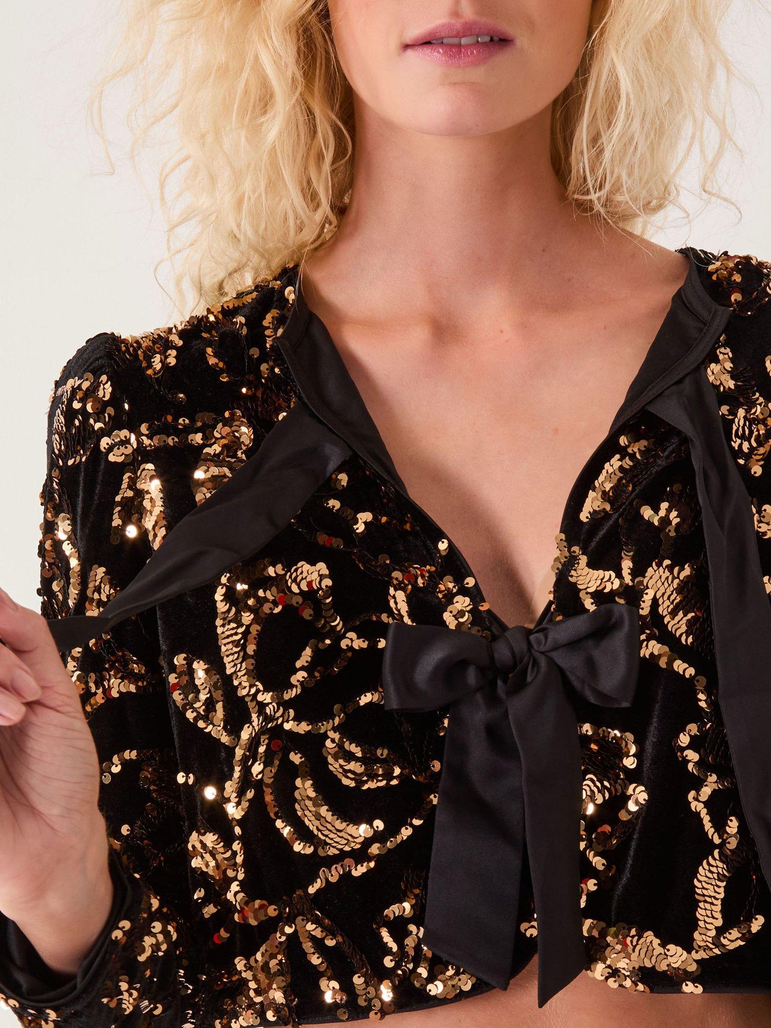 Product image 4 of 5, which shows Monsoon Shola Bow Detail Sequin Jacket, Black, XL