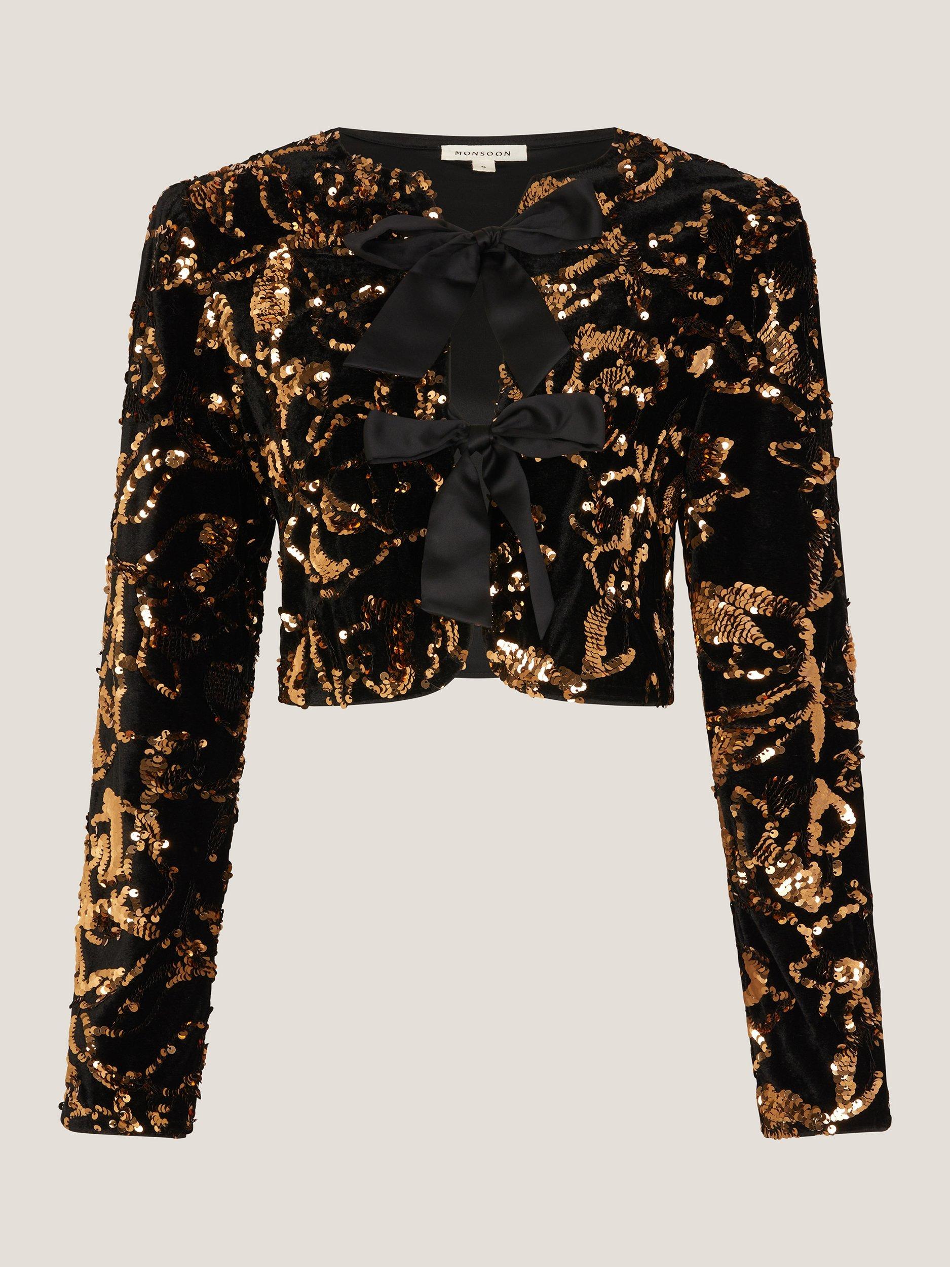 Product image 5 of 5, which shows Monsoon Shola Bow Detail Sequin Jacket, Black, XL