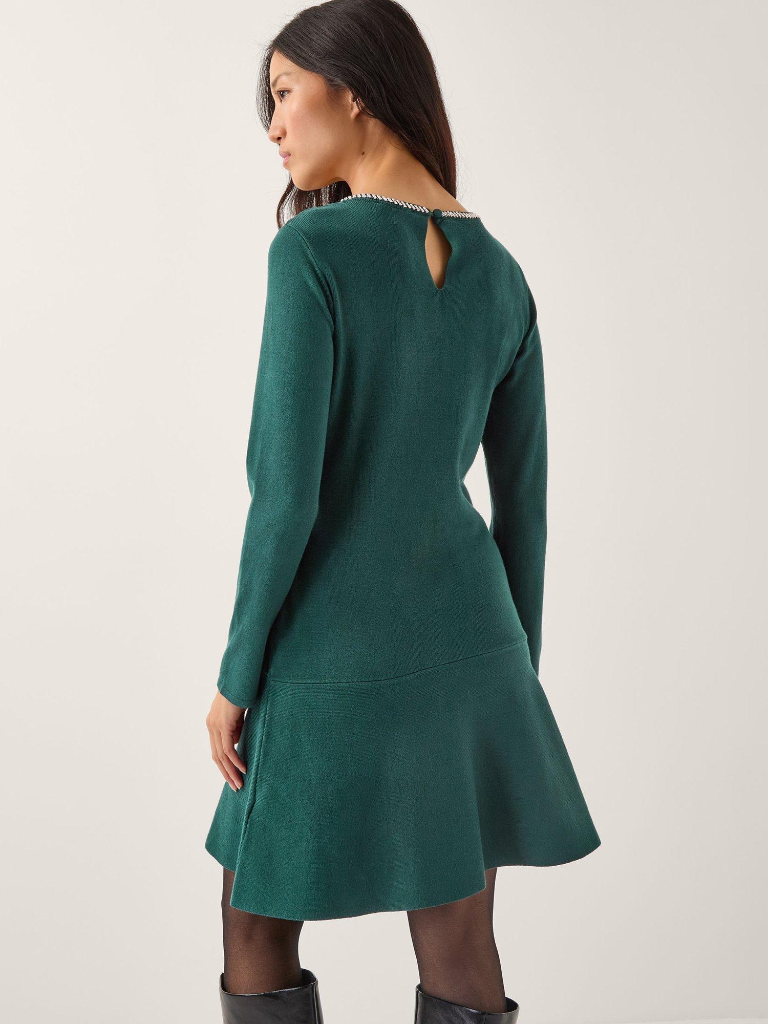 Product image 2 of 5, which shows Monsoon Brit Sparkle Bow Knit Mini Dress , Teal, S