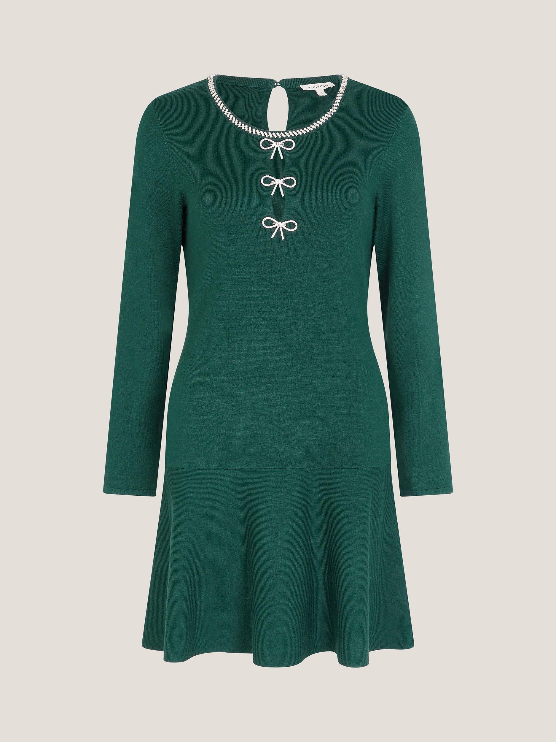 Product image 5 of 5, which shows Monsoon Brit Sparkle Bow Knit Mini Dress , Teal, S