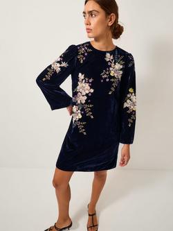 Monsoon Fallon Round Neck Floral Embroidered Mini Dress, Navy