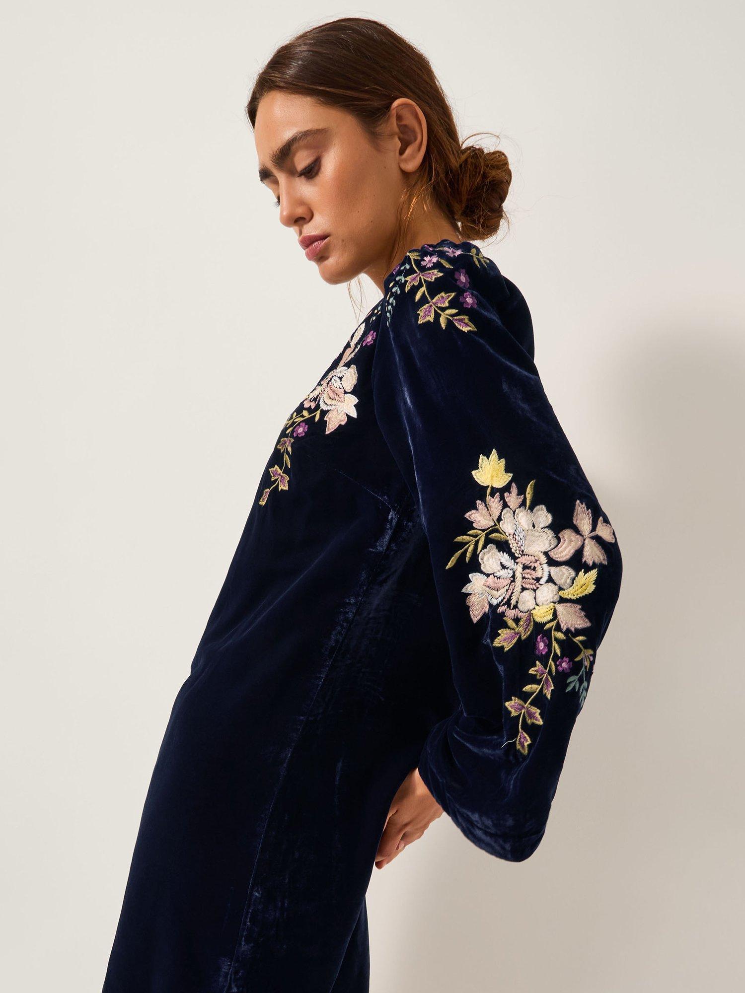 Product image 3 of 4, which shows Monsoon Fallon Round Neck Floral Embroidered Mini Dress, Navy, 8