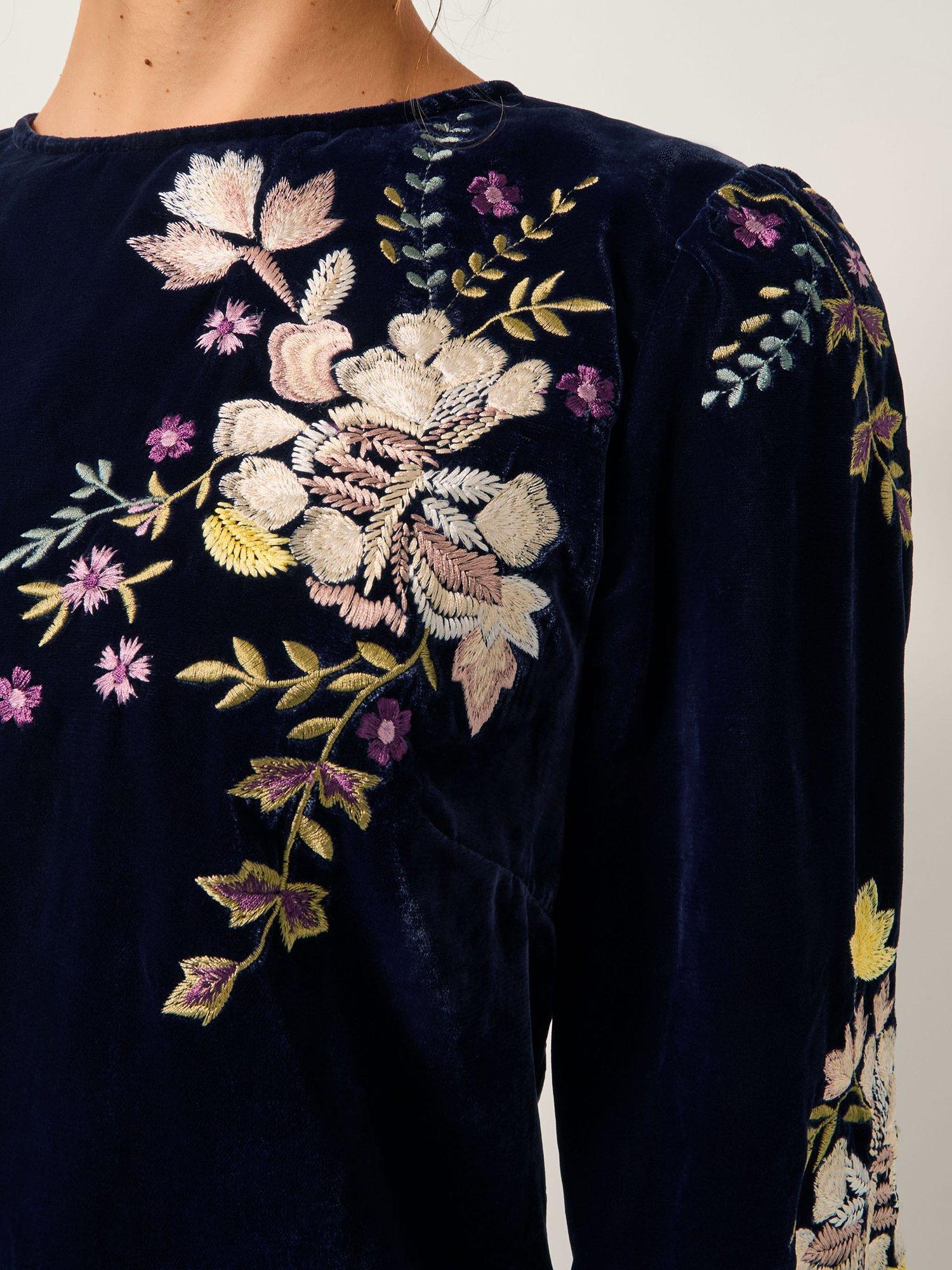 Product image 4 of 4, which shows Monsoon Fallon Round Neck Floral Embroidered Mini Dress, Navy, 8