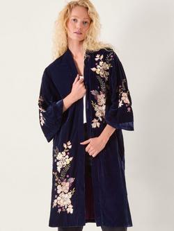 Monsoon Fallon Embroidered Velvet Kimono, Navy
