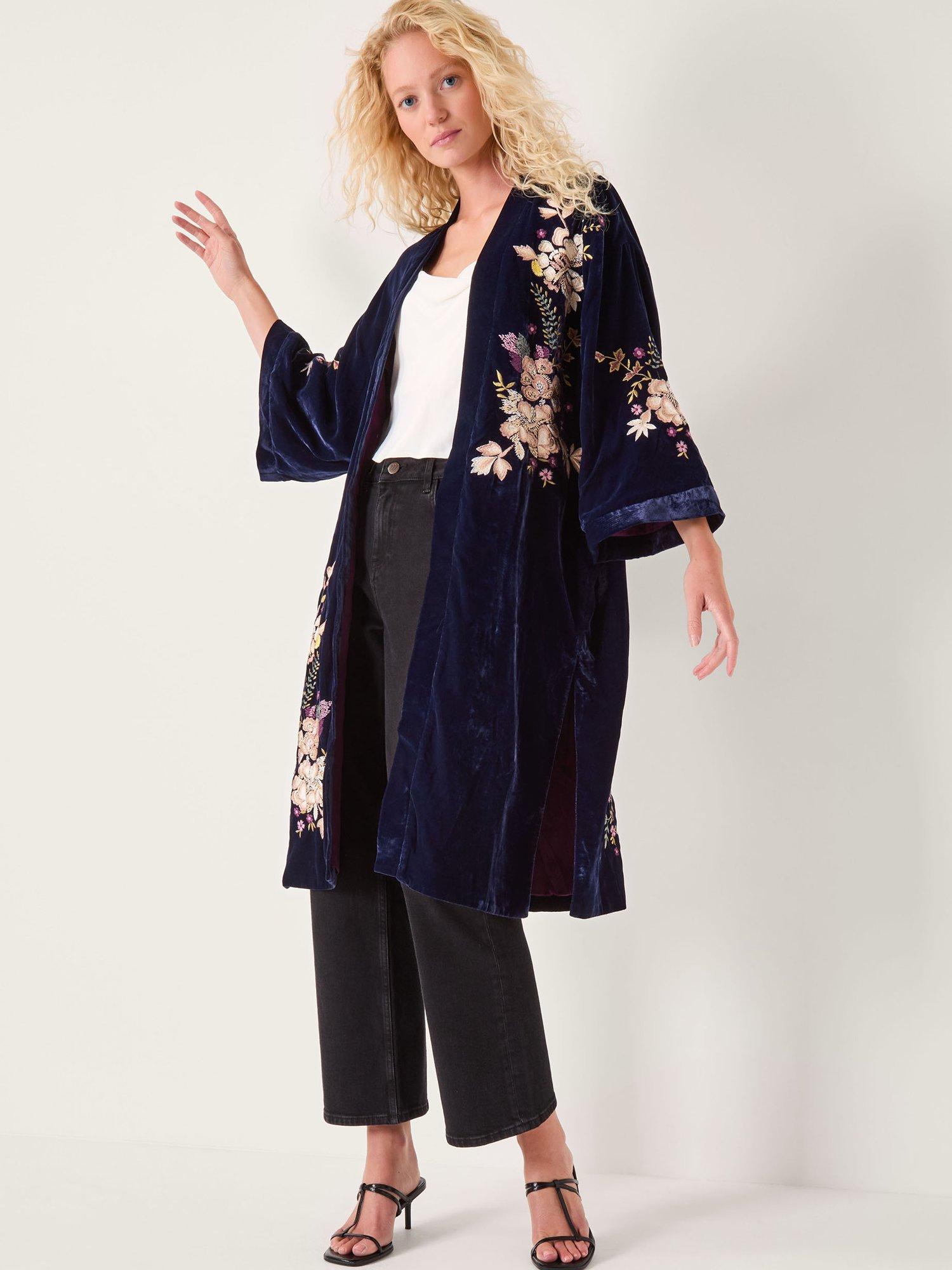 Product image 3 of 5, which shows Monsoon Fallon Embroidered Velvet Kimono , Navy, S