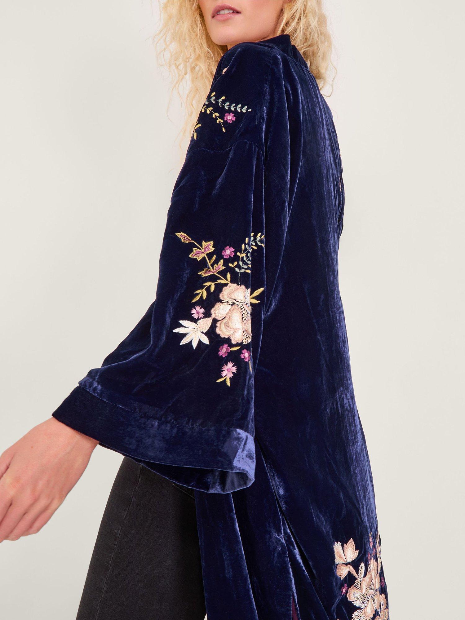 Product image 4 of 5, which shows Monsoon Fallon Embroidered Velvet Kimono , Navy, S