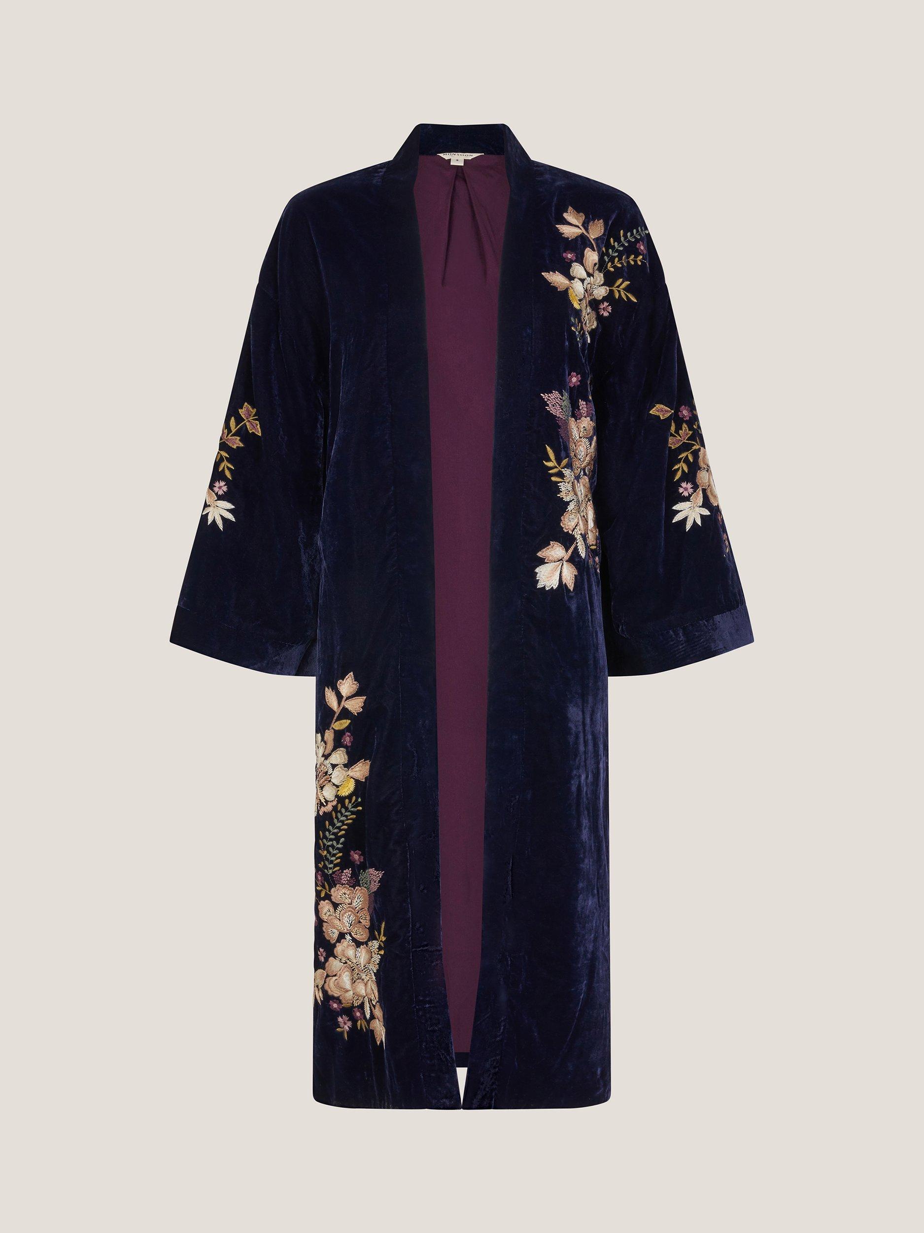 Product image 5 of 5, which shows Monsoon Fallon Embroidered Velvet Kimono , Navy, S