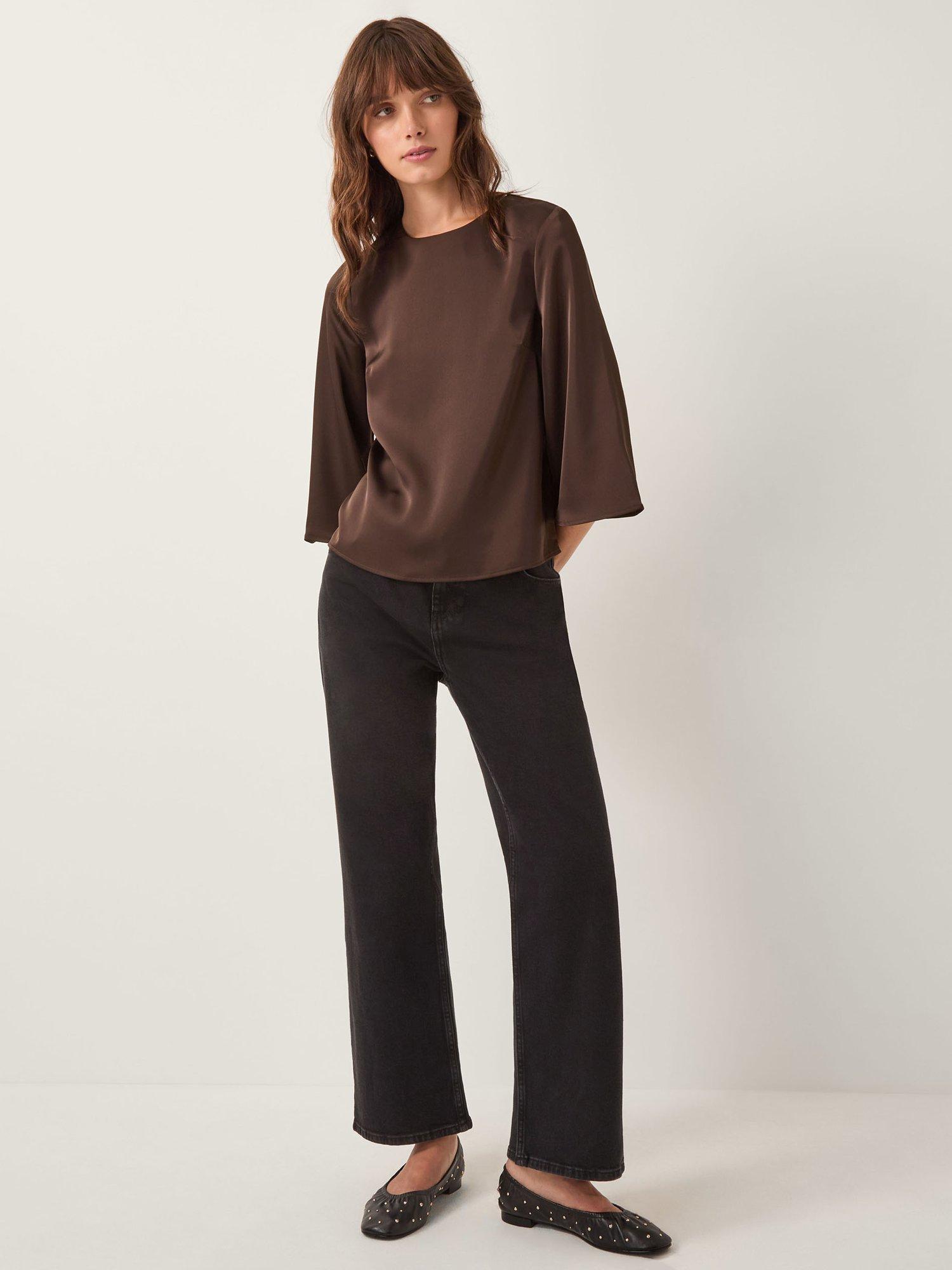 Product image 1 of 5, which shows Monsoon Ingrid Bell Sleeve Satin Blouse , Chocolate, S