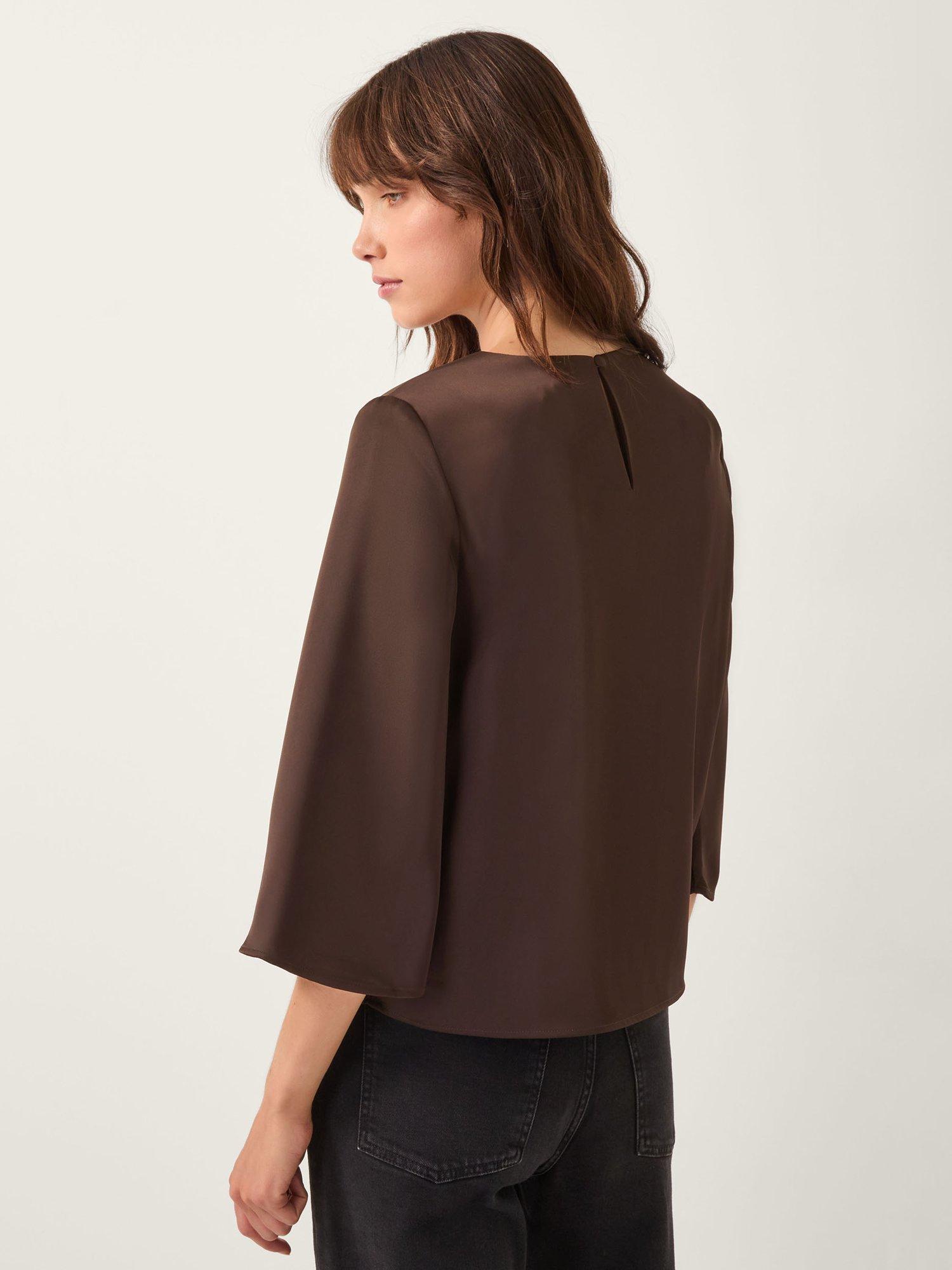 Product image 2 of 5, which shows Monsoon Ingrid Bell Sleeve Satin Blouse , Chocolate, S