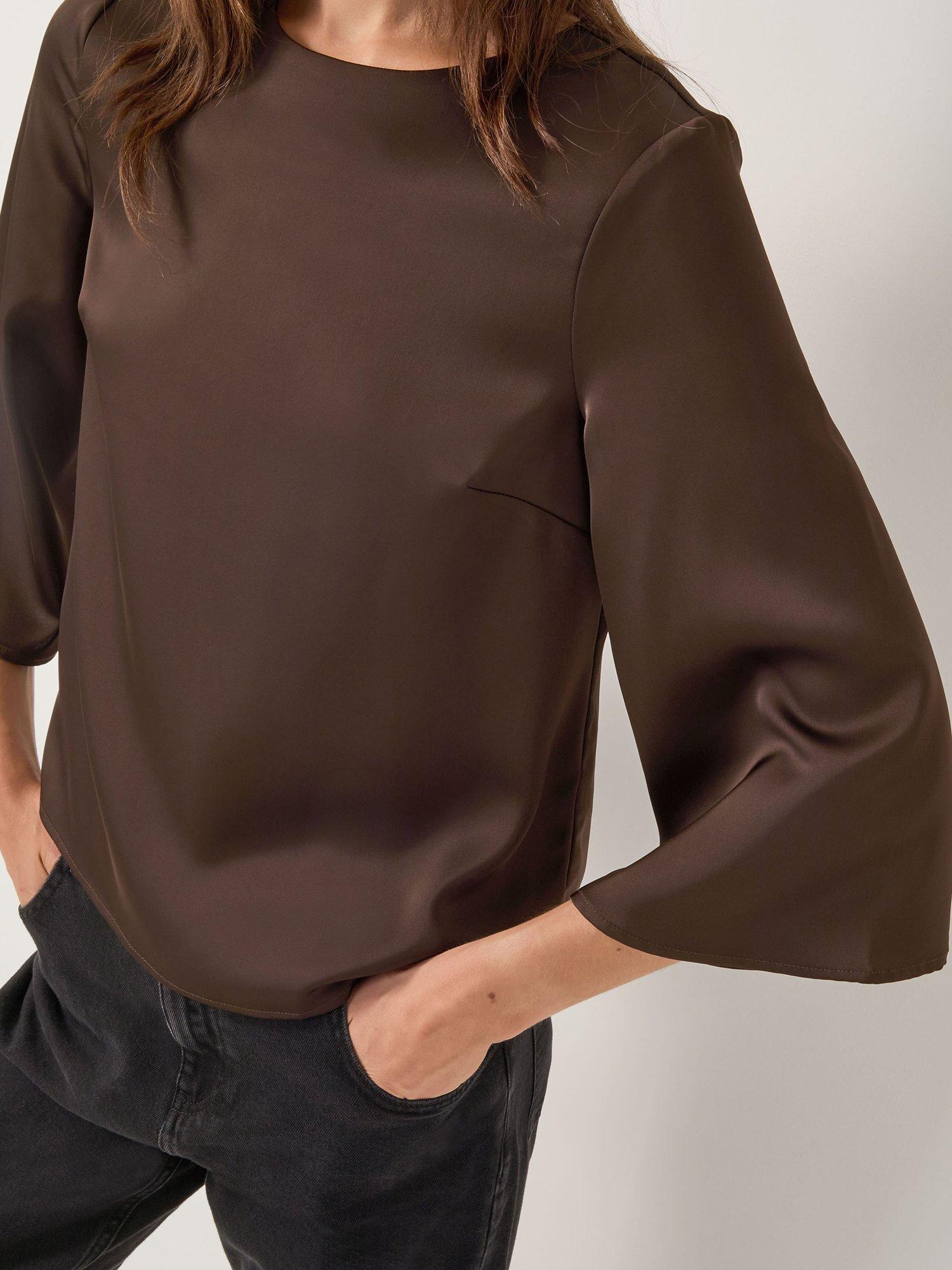 Product image 3 of 5, which shows Monsoon Ingrid Bell Sleeve Satin Blouse , Chocolate, S