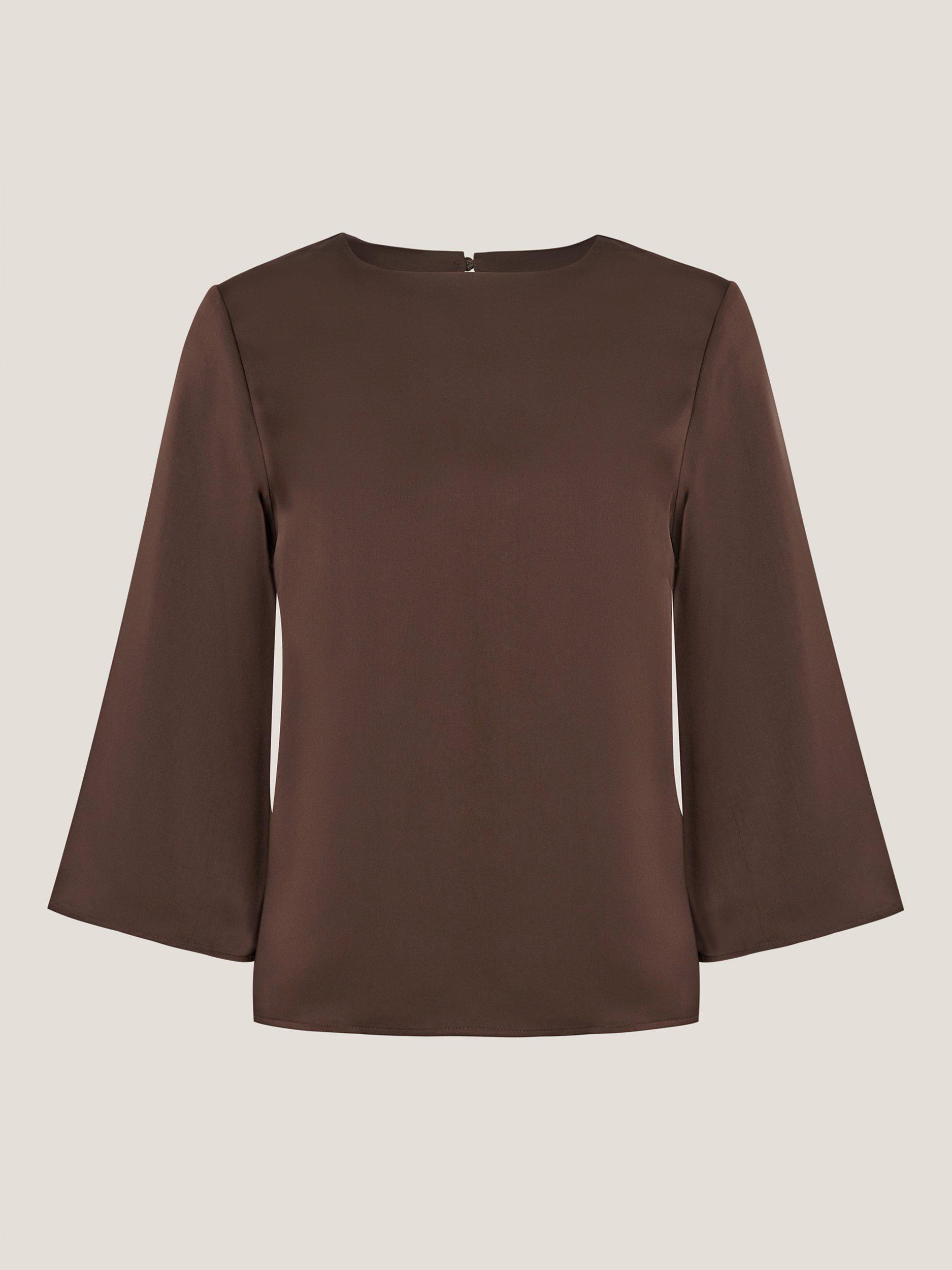 Product image 5 of 5, which shows Monsoon Ingrid Bell Sleeve Satin Blouse , Chocolate, S