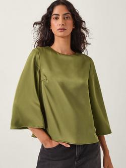 Monsoon Ingrid Bell Sleeve Satin Blouse, Olive