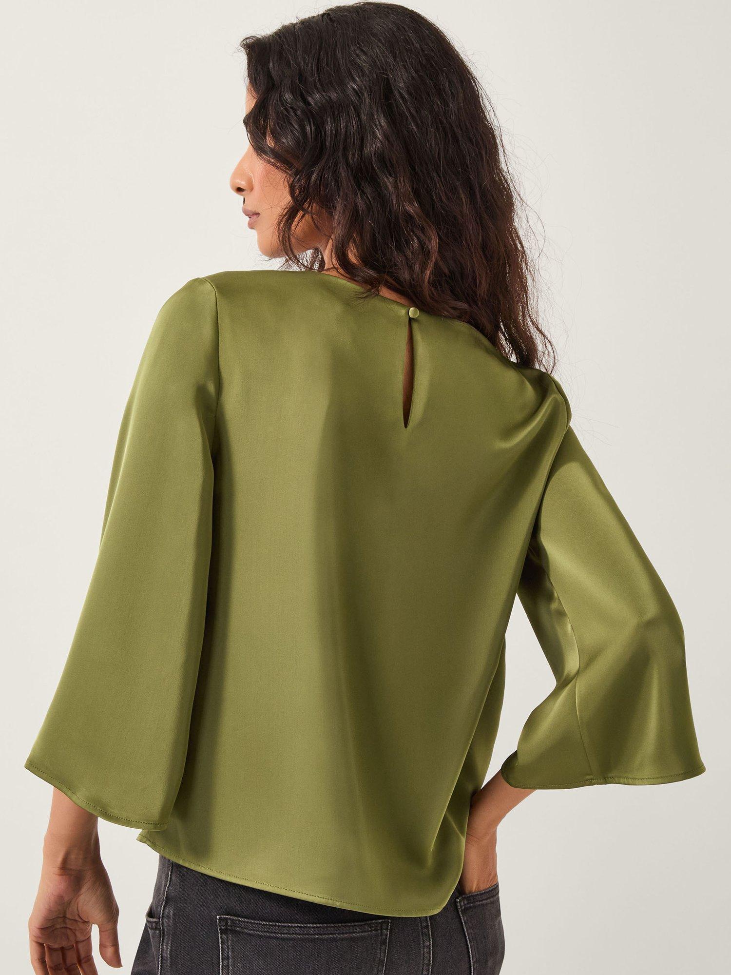 Product image 2 of 5, which shows Monsoon Ingrid Bell Sleeve Satin Blouse , Olive, S