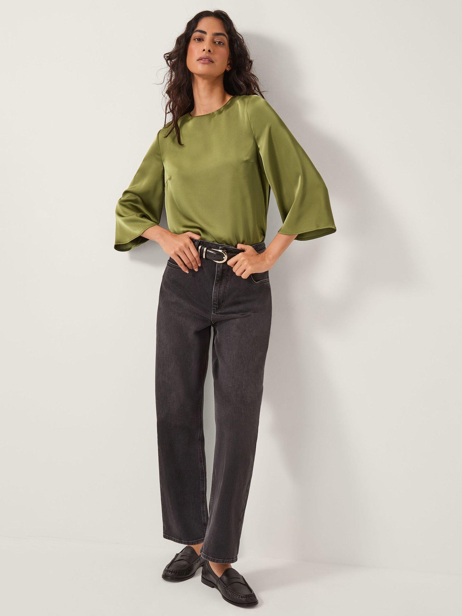 Product image 3 of 5, which shows Monsoon Ingrid Bell Sleeve Satin Blouse , Olive, S