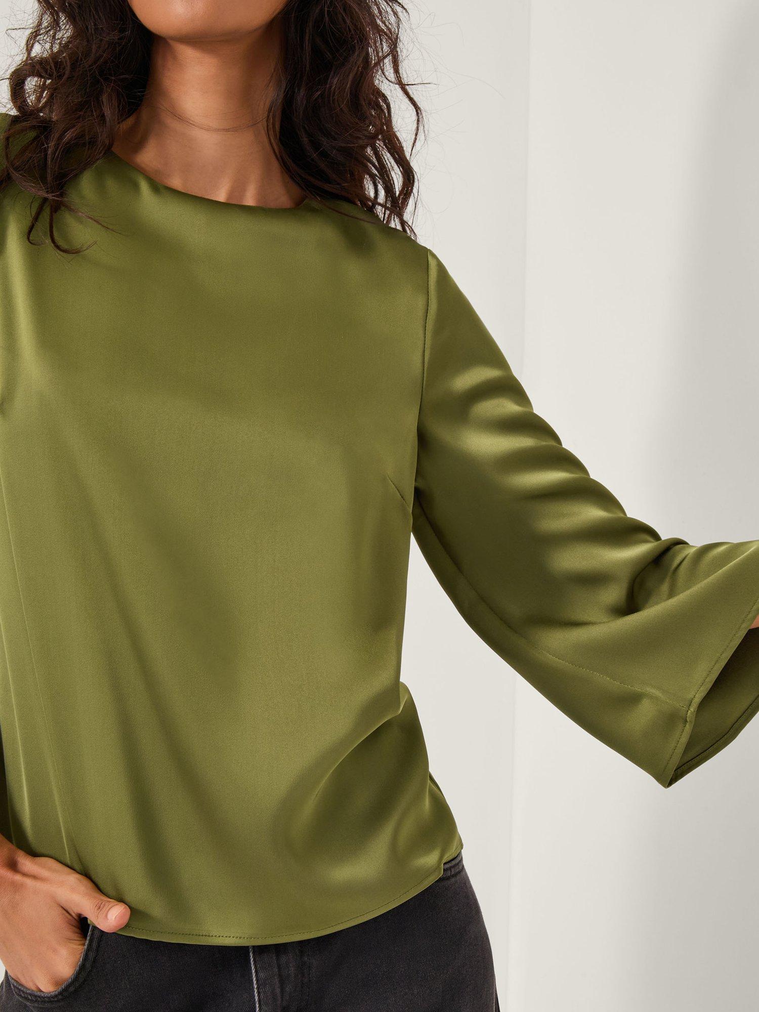 Product image 4 of 5, which shows Monsoon Ingrid Bell Sleeve Satin Blouse , Olive, S
