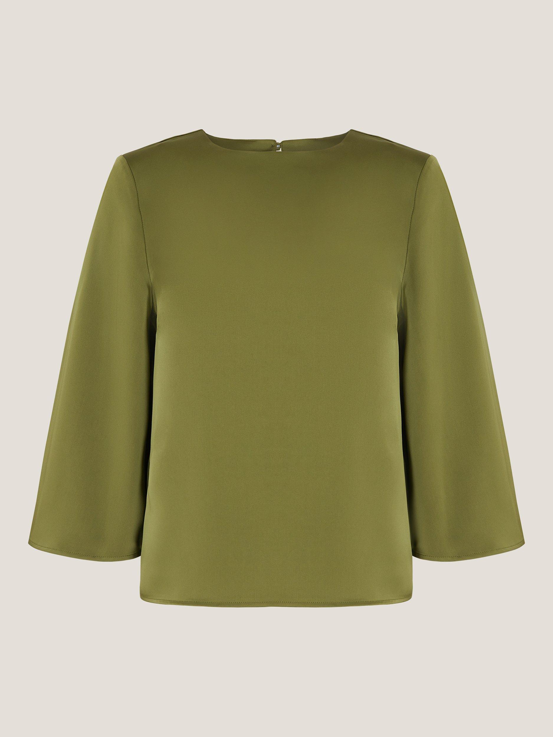 Product image 5 of 5, which shows Monsoon Ingrid Bell Sleeve Satin Blouse , Olive, S