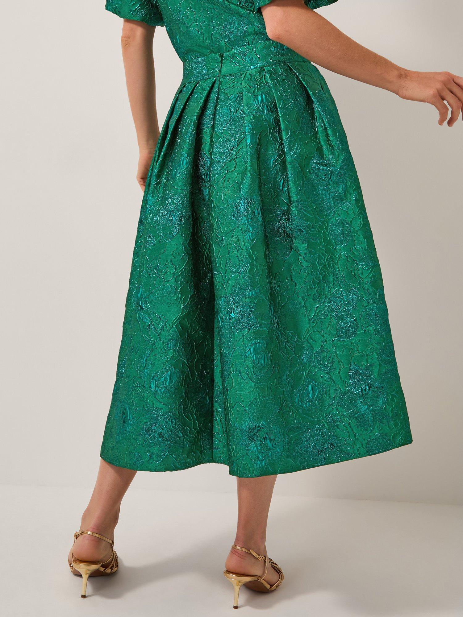 Product image 2 of 4, which shows Monsoon Jolene Jacquard A-Line Midi Skirt , Green, 8