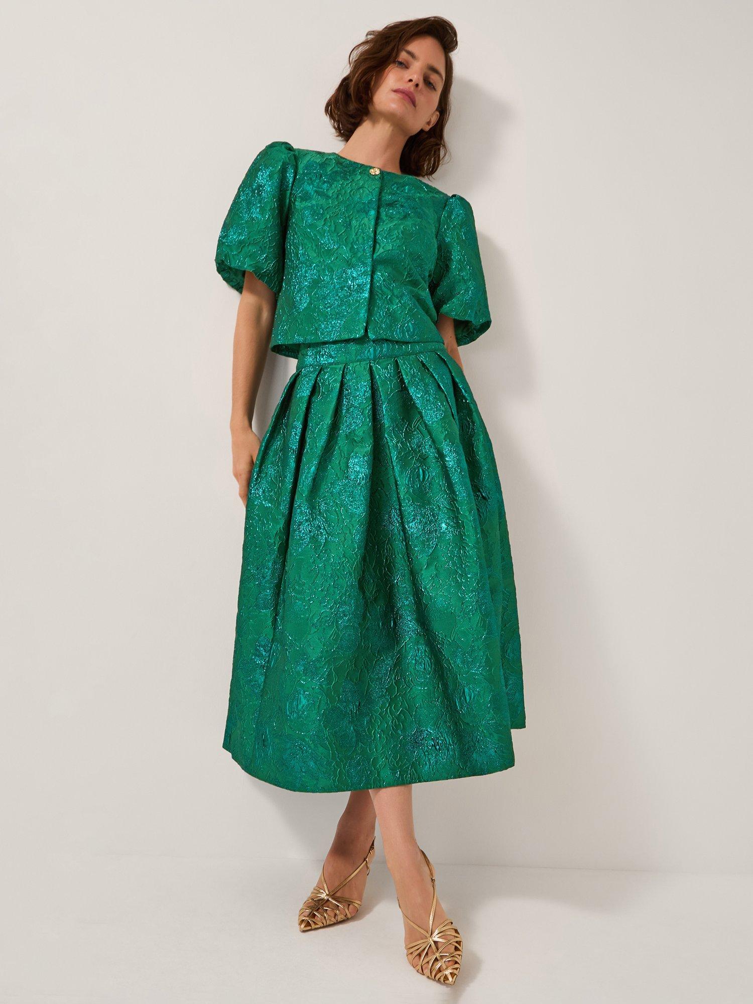 Product image 3 of 4, which shows Monsoon Jolene Jacquard A-Line Midi Skirt , Green, 8
