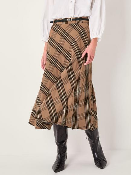 Monsoon Willa Check Print Midi Skirt, Camel
