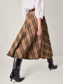 Monsoon Willa Check Print Midi Skirt - view 2, Camel