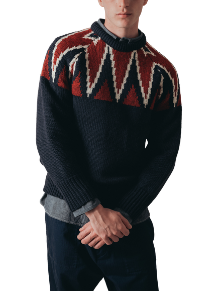 Nigel Cabourn Crew Knitted Sweater, Navy/Pattern, Navy/Pattern