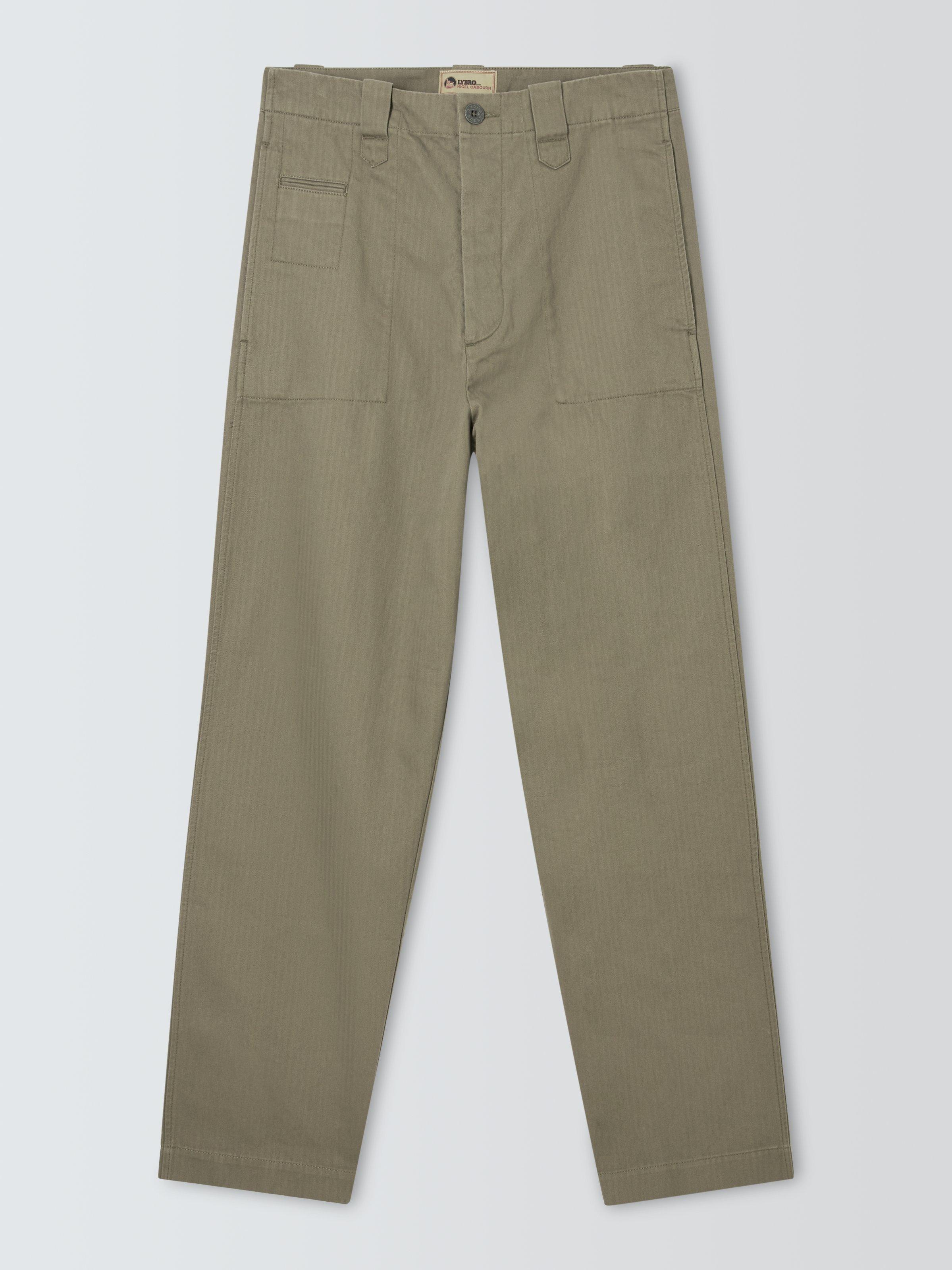 Product image 1 of 1, which shows Nigel Cabourn Straight Leg Herringbone Chore Trousers, Army Green, 30R