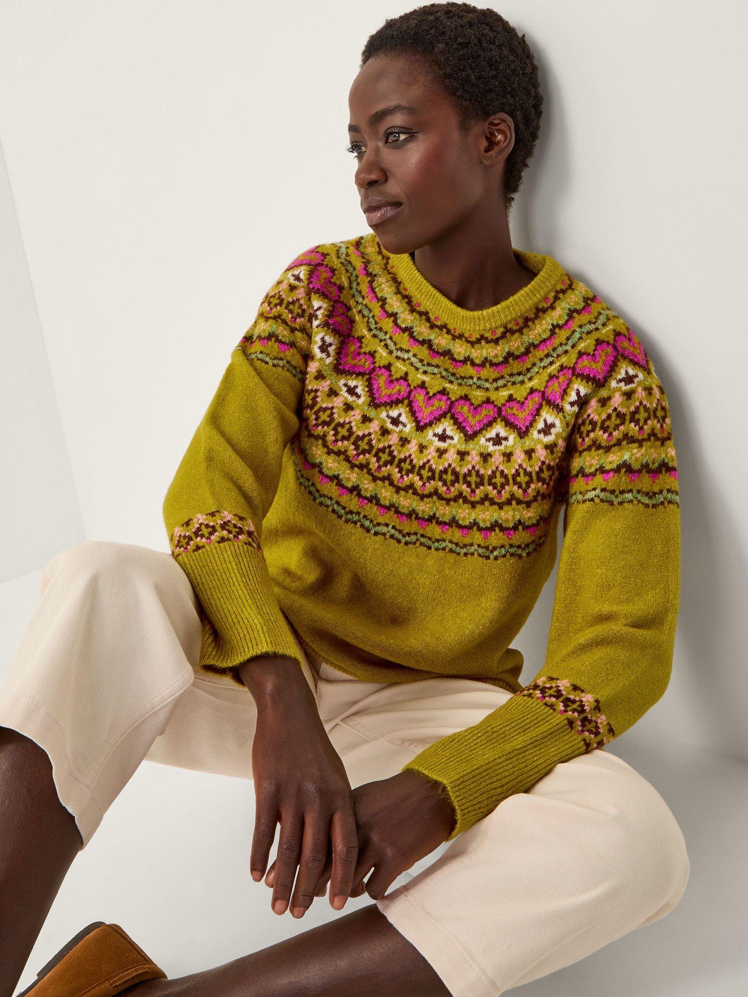 Product image 1 of 5, which shows Monsoon Floy Fair Isle Round Neck Jumper , Olive, XXL