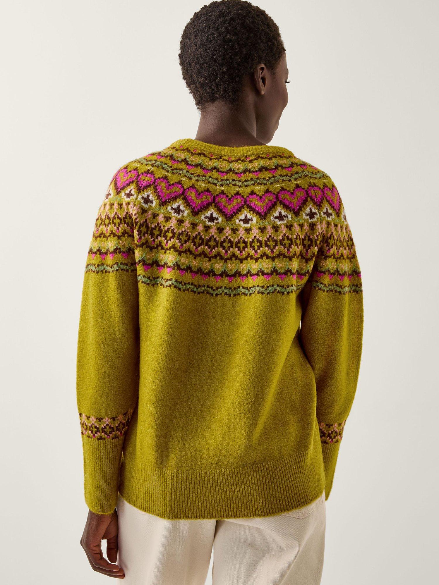 Product image 2 of 5, which shows Monsoon Floy Fair Isle Round Neck Jumper , Olive, XXL