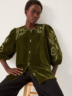 Monsoon Ezra Embroidered Crew Neck Velvet Top, Green