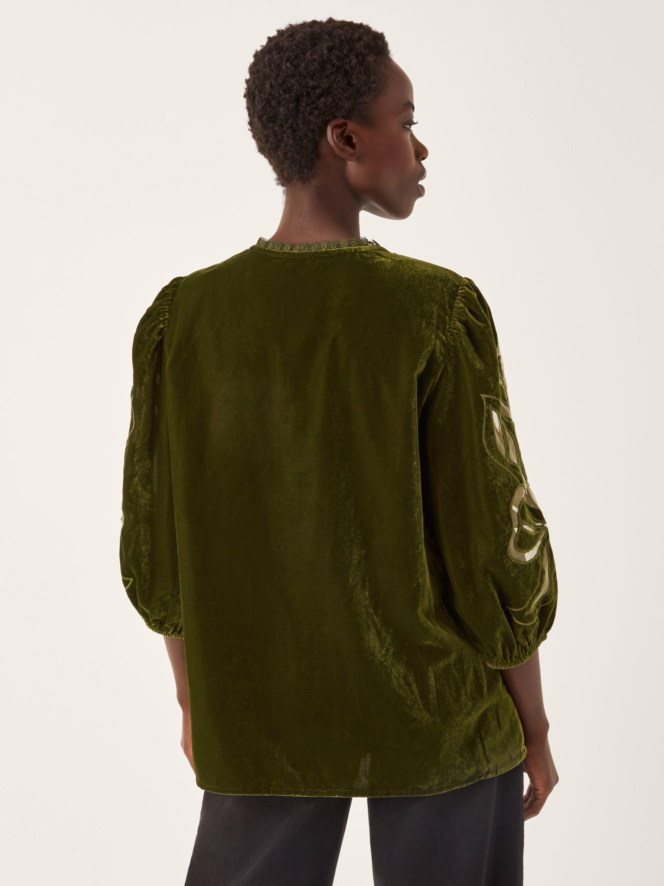Product image 2 of 4, which shows Monsoon Ezra Embroidered Crew Neck Velvet Top , Green, S