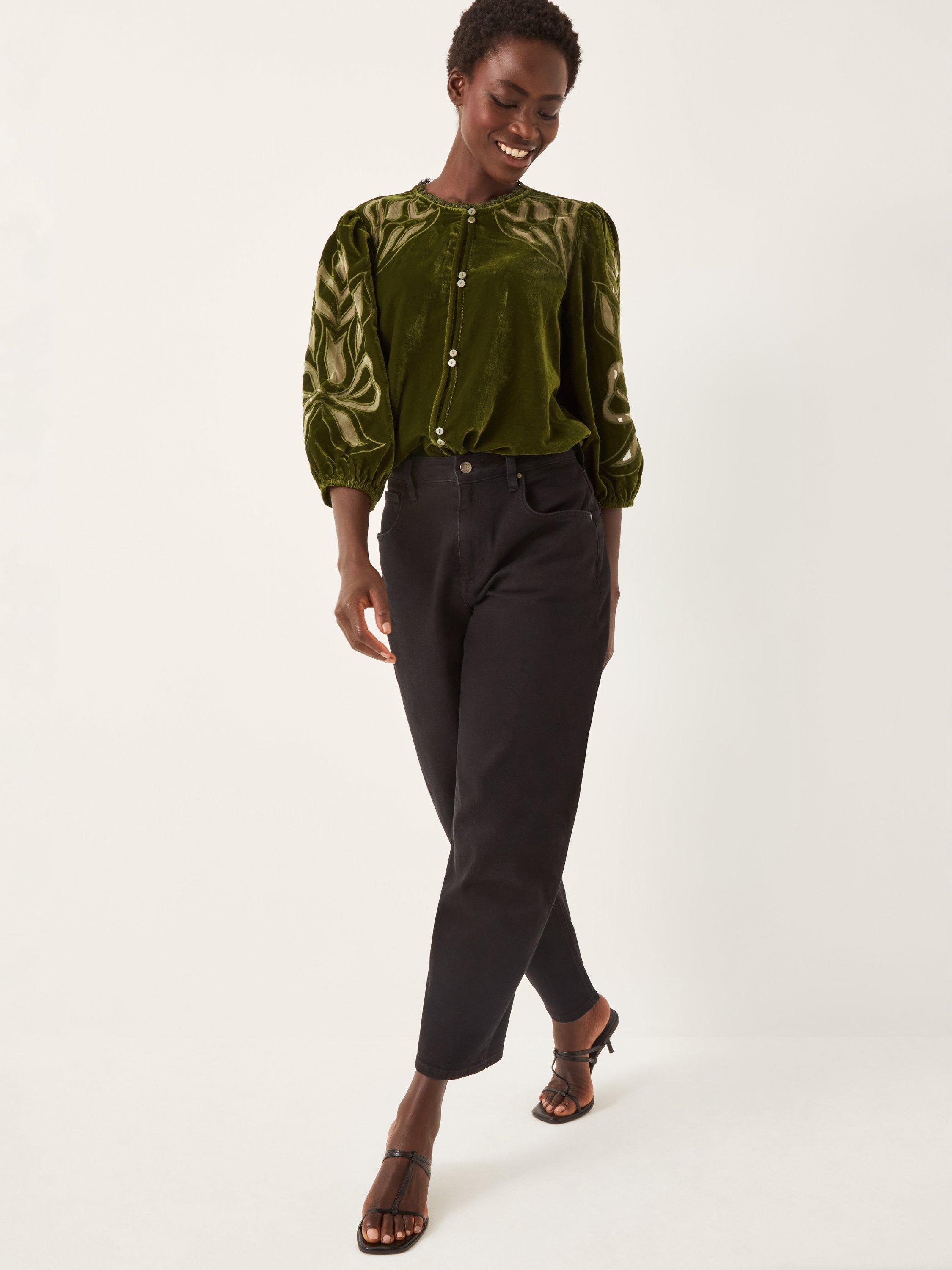 Product image 3 of 4, which shows Monsoon Ezra Embroidered Crew Neck Velvet Top , Green, S
