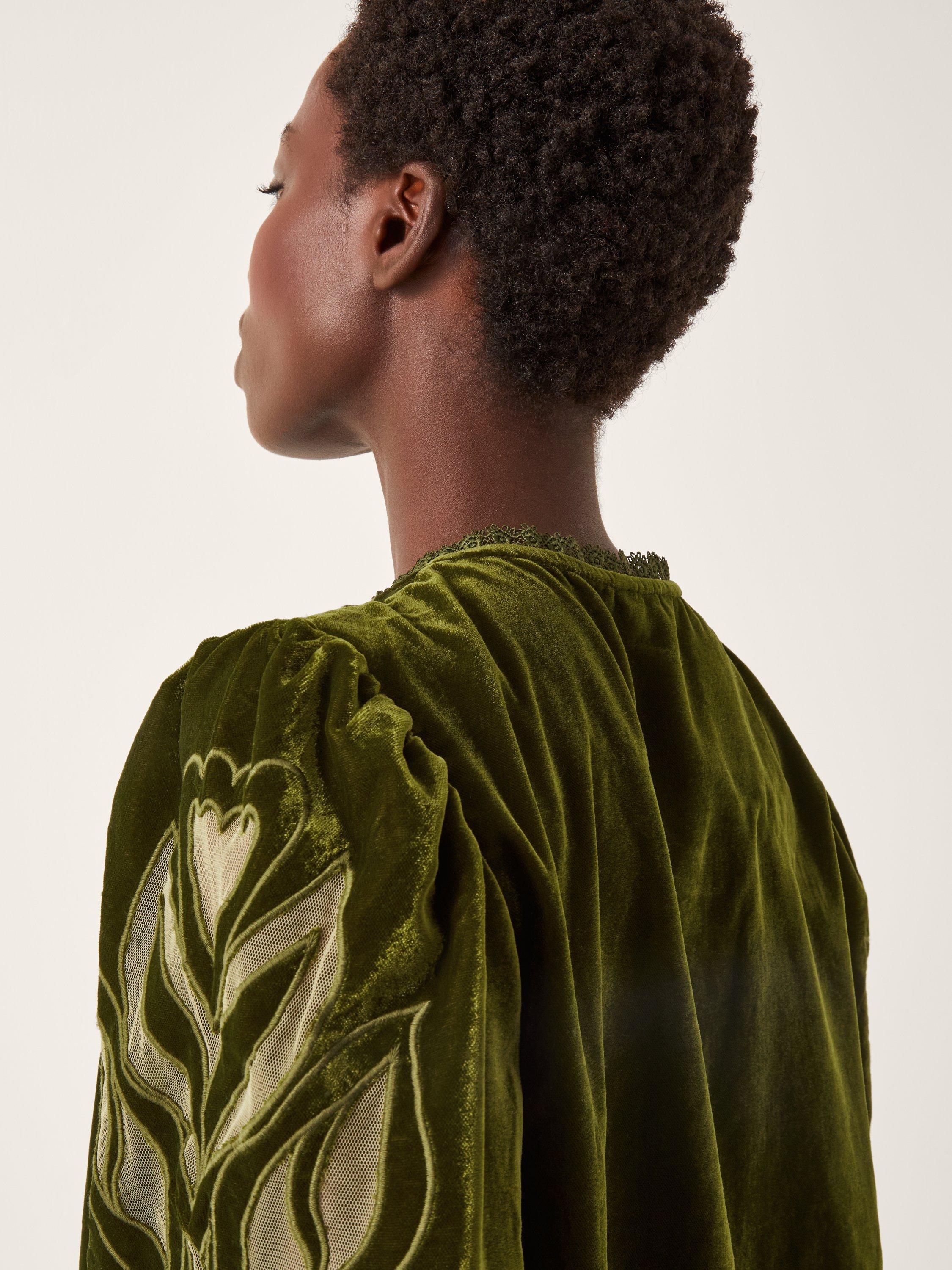 Product image 4 of 4, which shows Monsoon Ezra Embroidered Crew Neck Velvet Top , Green, S