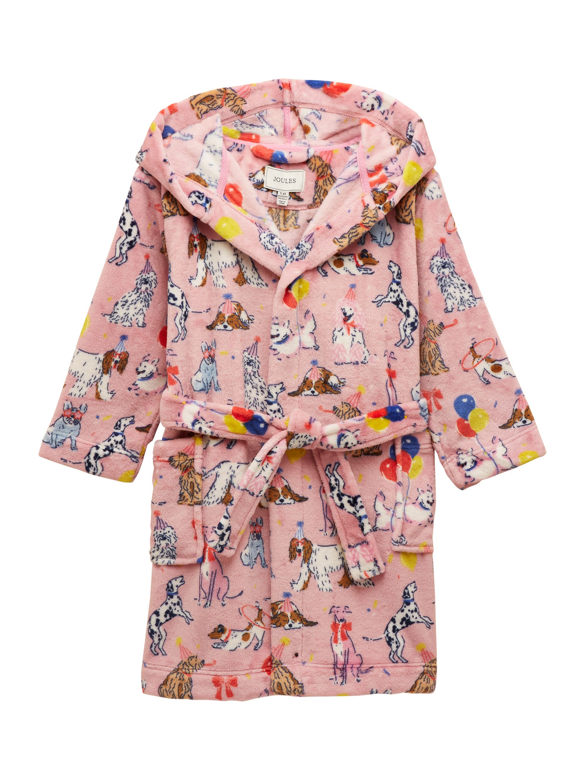 Product image 1 of 4, which shows Joules Kids' Dogs Dressing Gown, Pink, 5-6 years