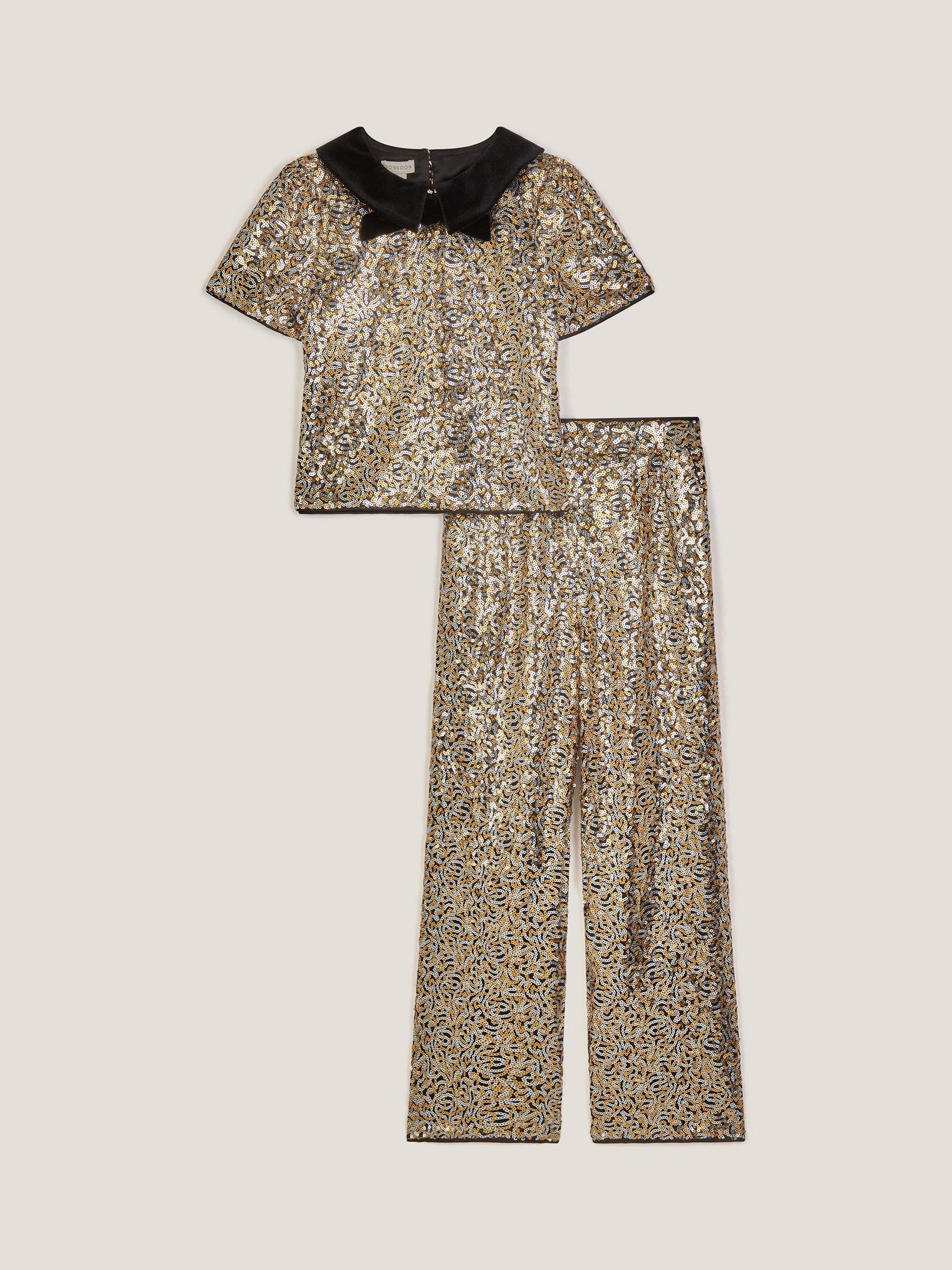 Product image 1 of 3, which shows Monsoon Kids' Sequin Top and Trouser Set, Black/Multi, 3 years
