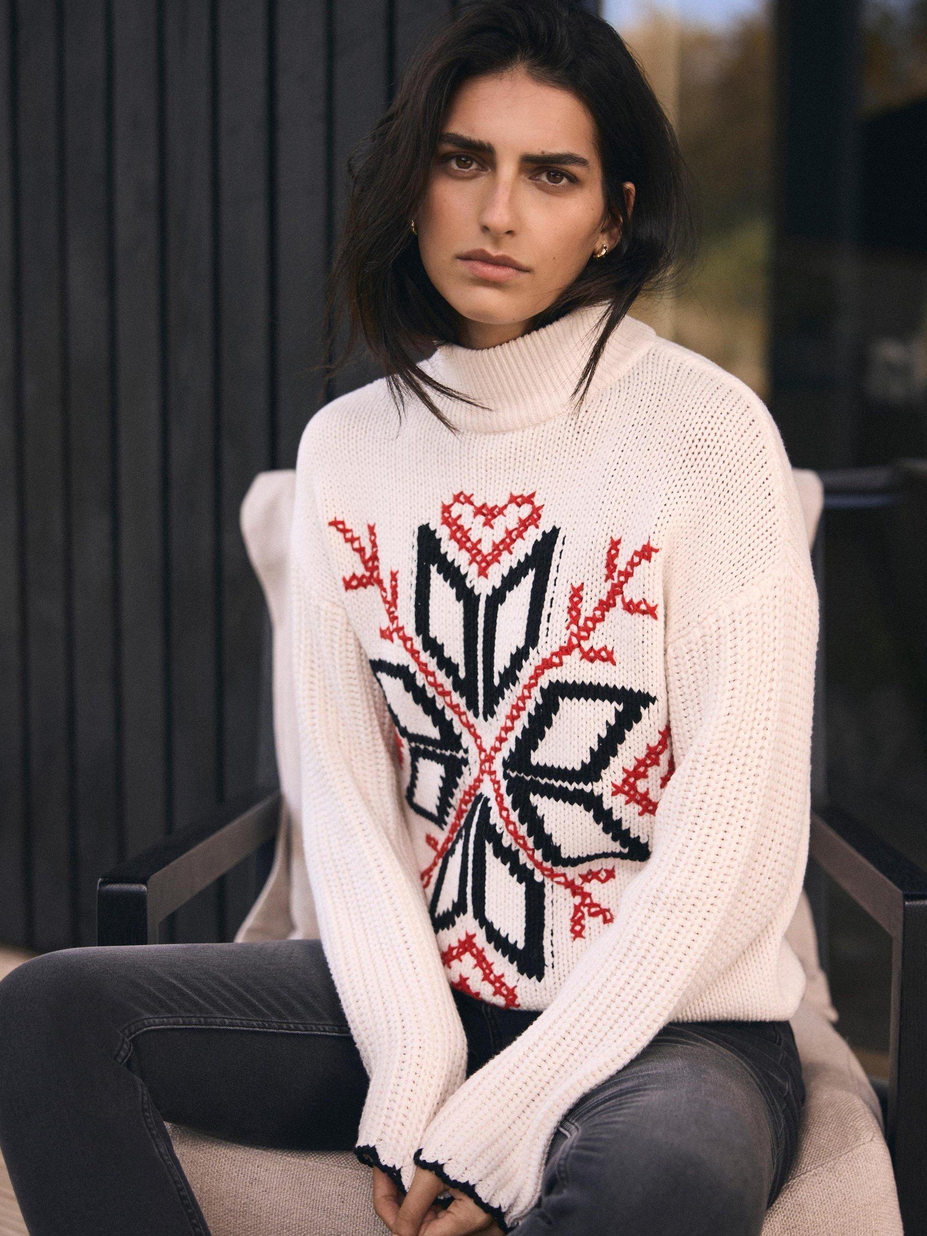 Product image 2 of 8, which shows Mint Velvet Snowflake Design Cotton Blend Knit Jumper, White Ivory/Multi, XS