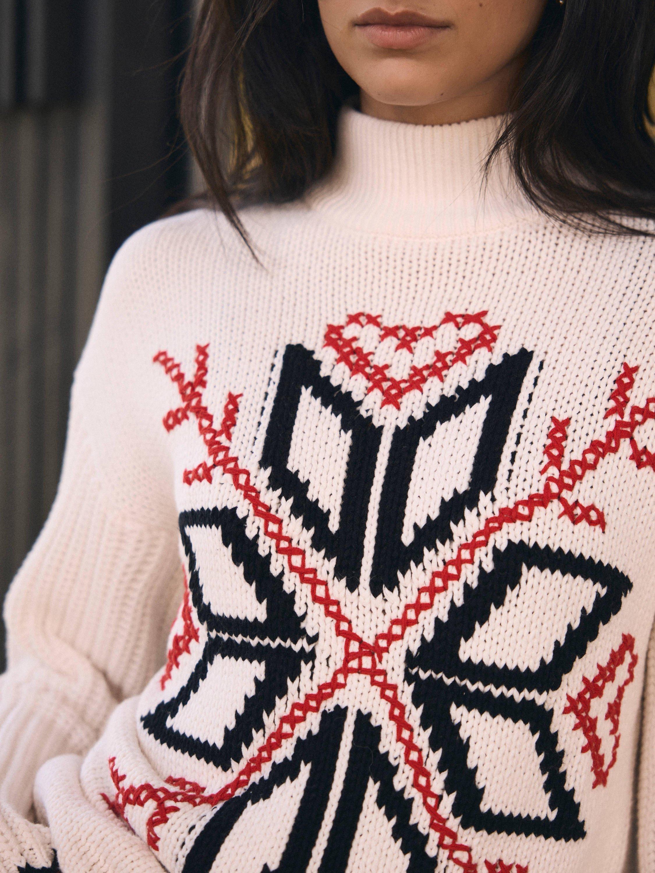 Product image 4 of 8, which shows Mint Velvet Snowflake Design Cotton Blend Knit Jumper, White Ivory/Multi, XS