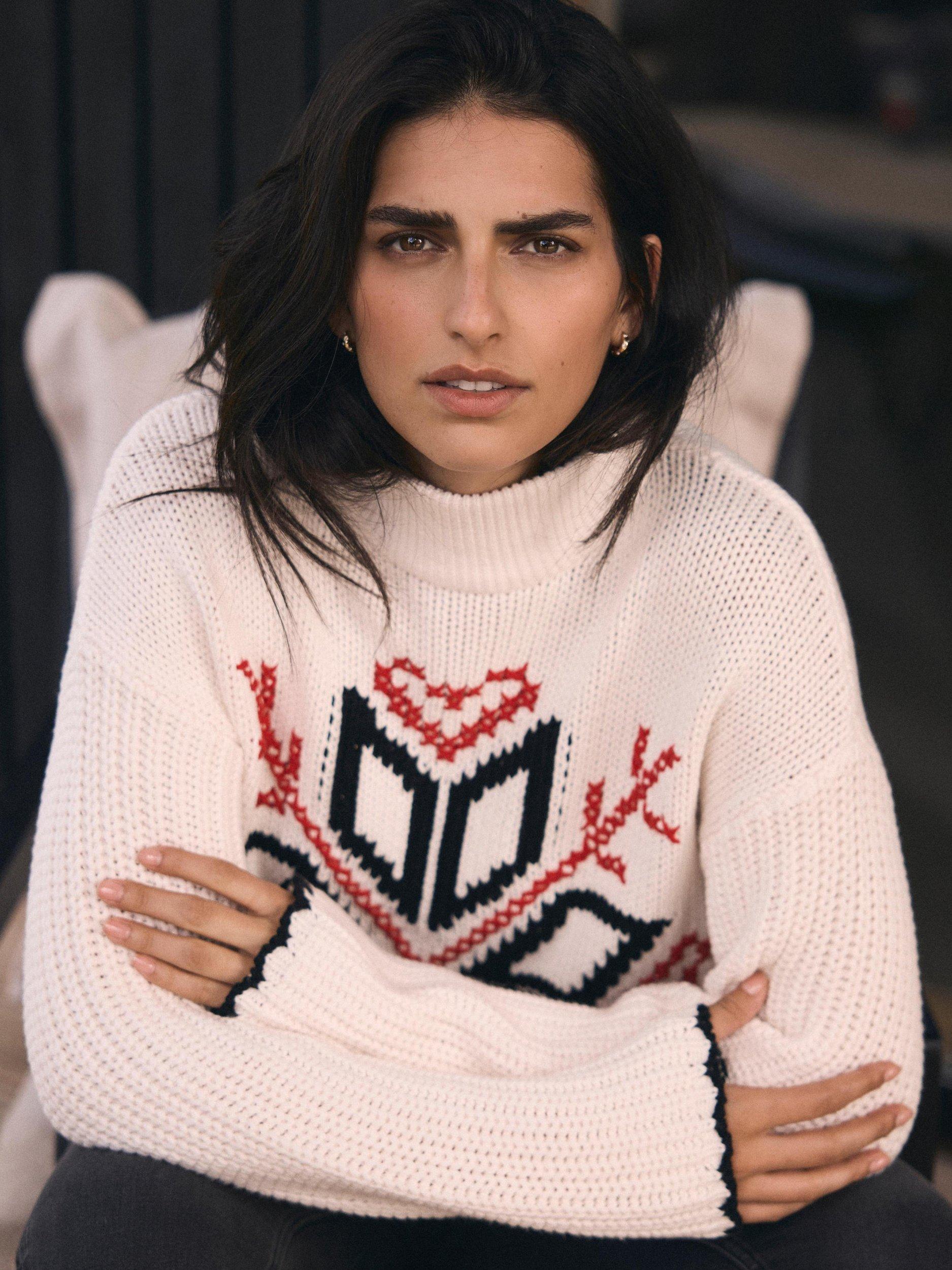 Product image 6 of 8, which shows Mint Velvet Snowflake Design Cotton Blend Knit Jumper, White Ivory/Multi, XS