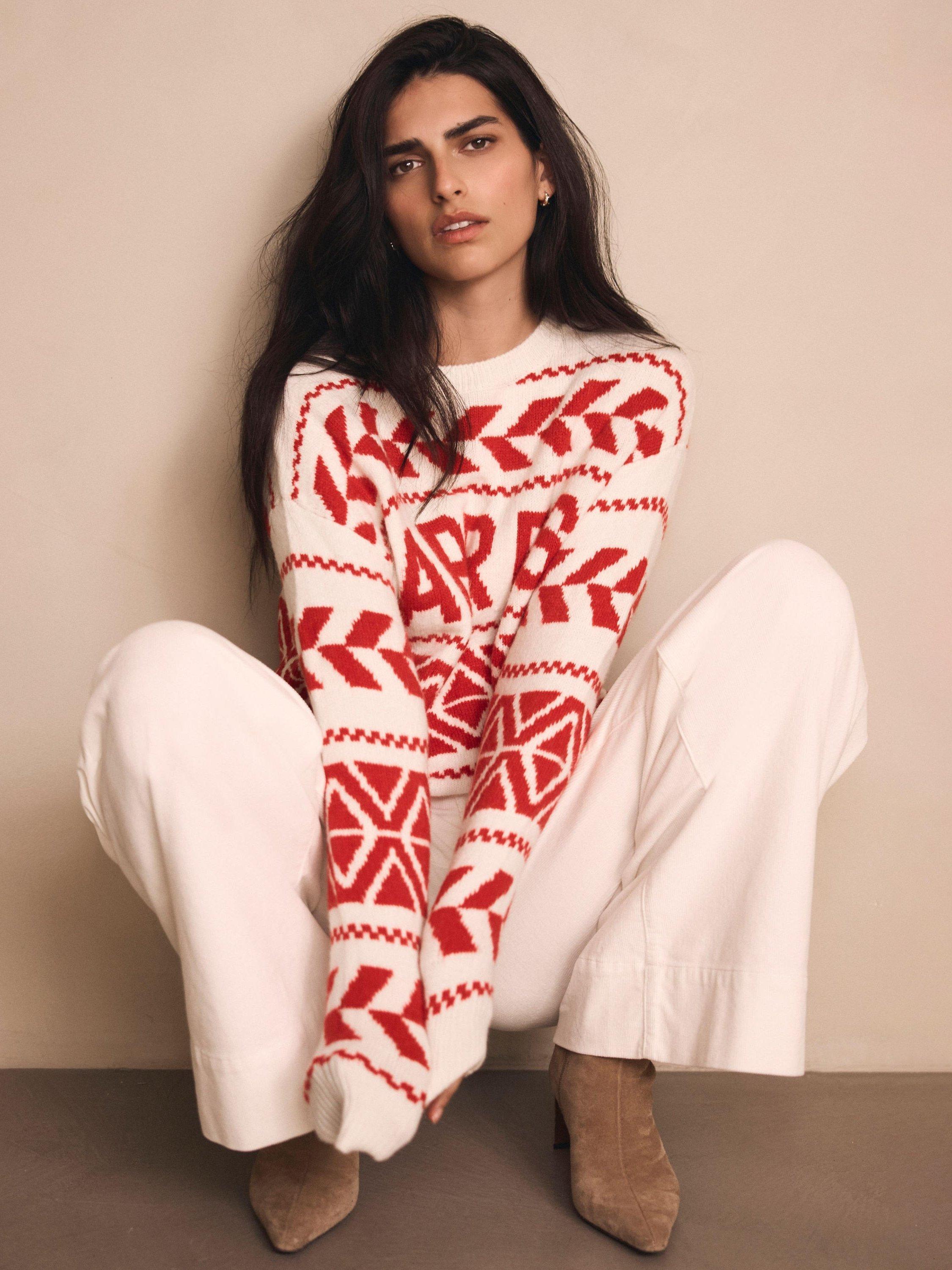 Product image 2 of 8, which shows Mint Velvet Fair Isle Graphic Jumper, Red/Multi, XS