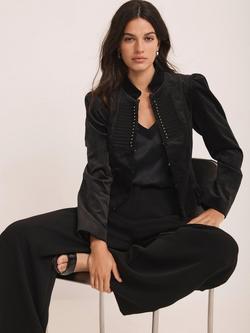 Mint Velvet High Neck Puff Shoulder Velvet Military Jacket - view 2, Black