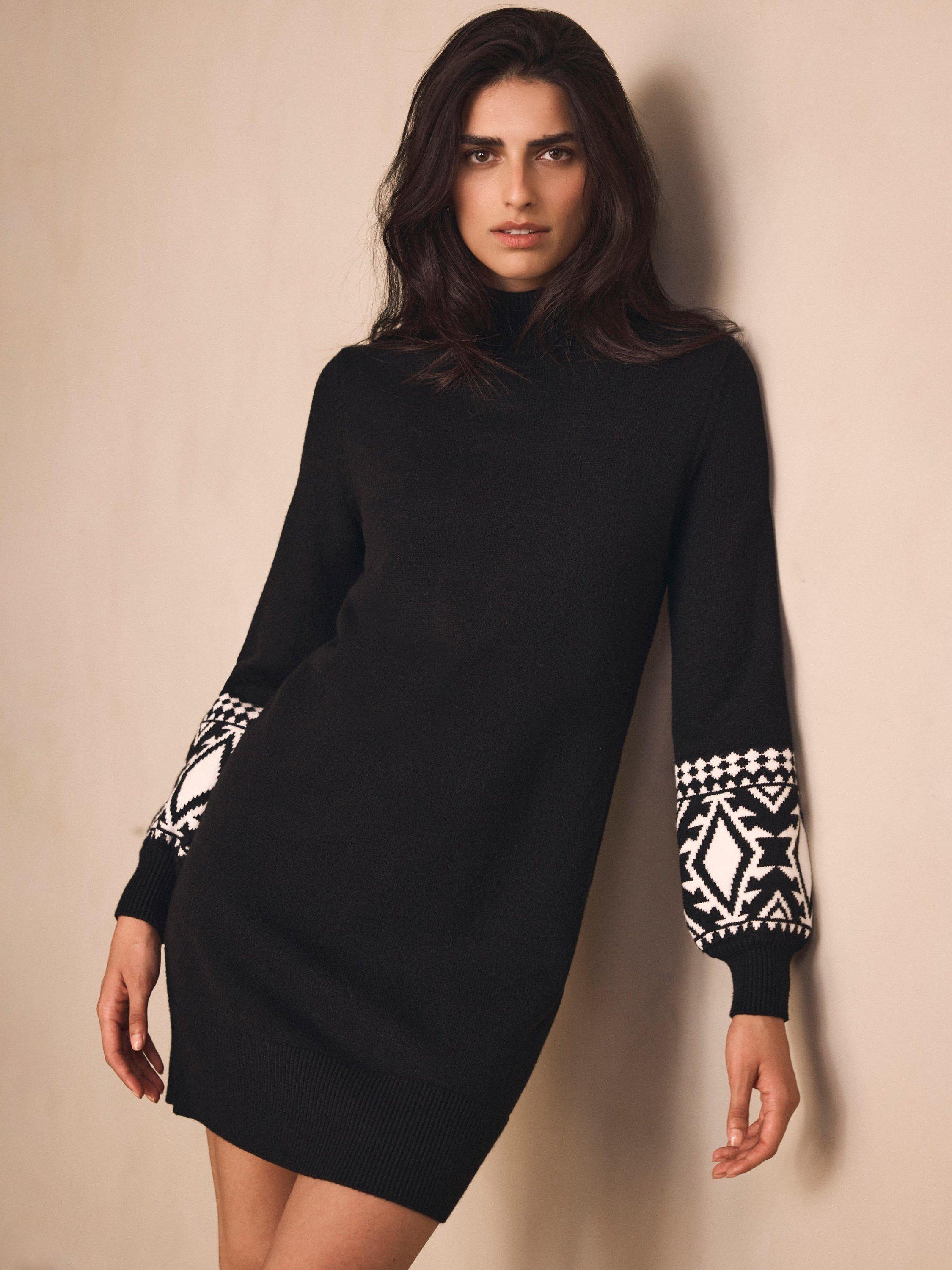 Product image 1 of 7, which shows Mint Velvet Graphic Sleeve Turtle Neck Mini Dress , Black/White, XL
