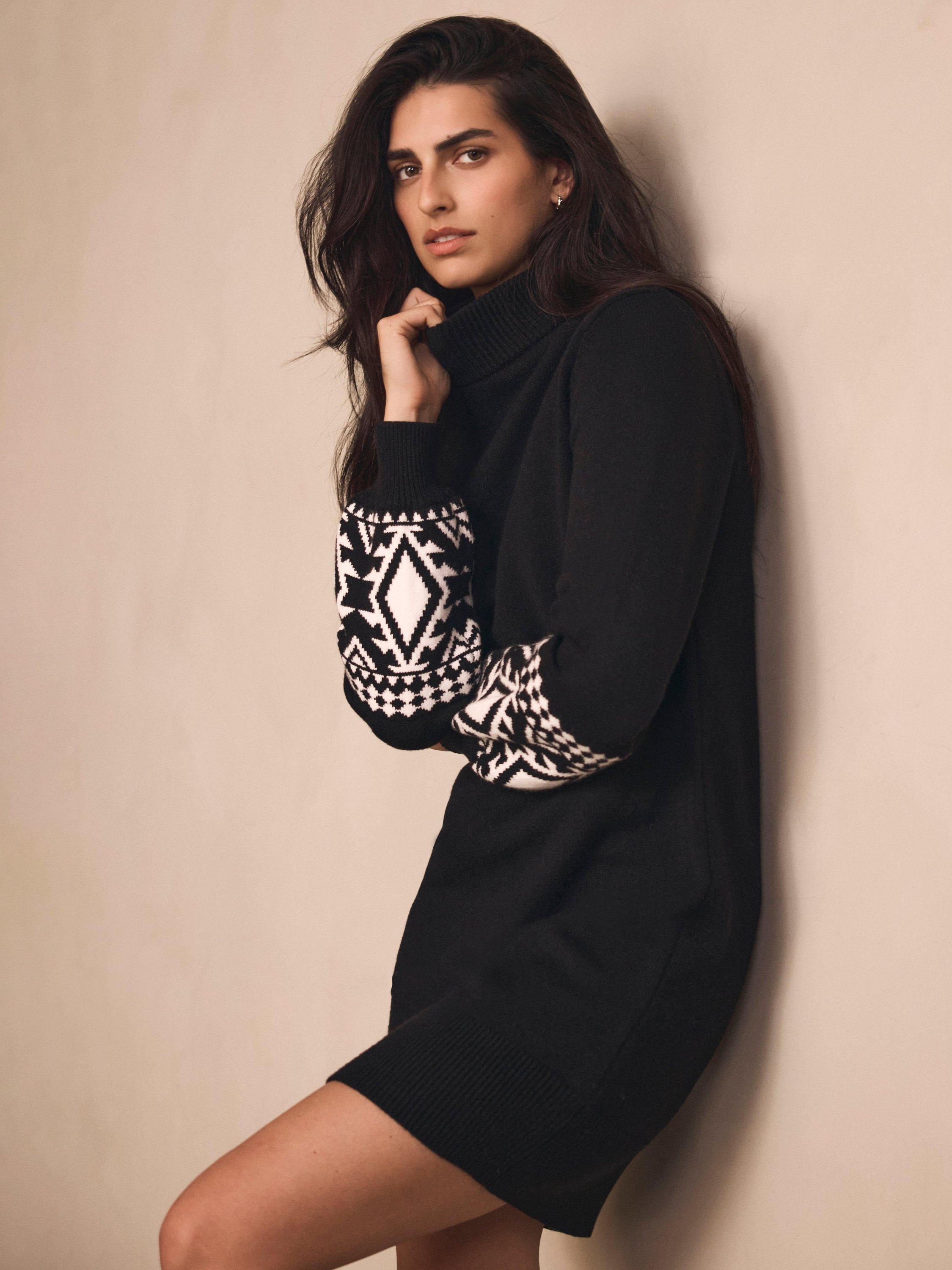 Product image 2 of 7, which shows Mint Velvet Graphic Sleeve Turtle Neck Mini Dress , Black/White, XL