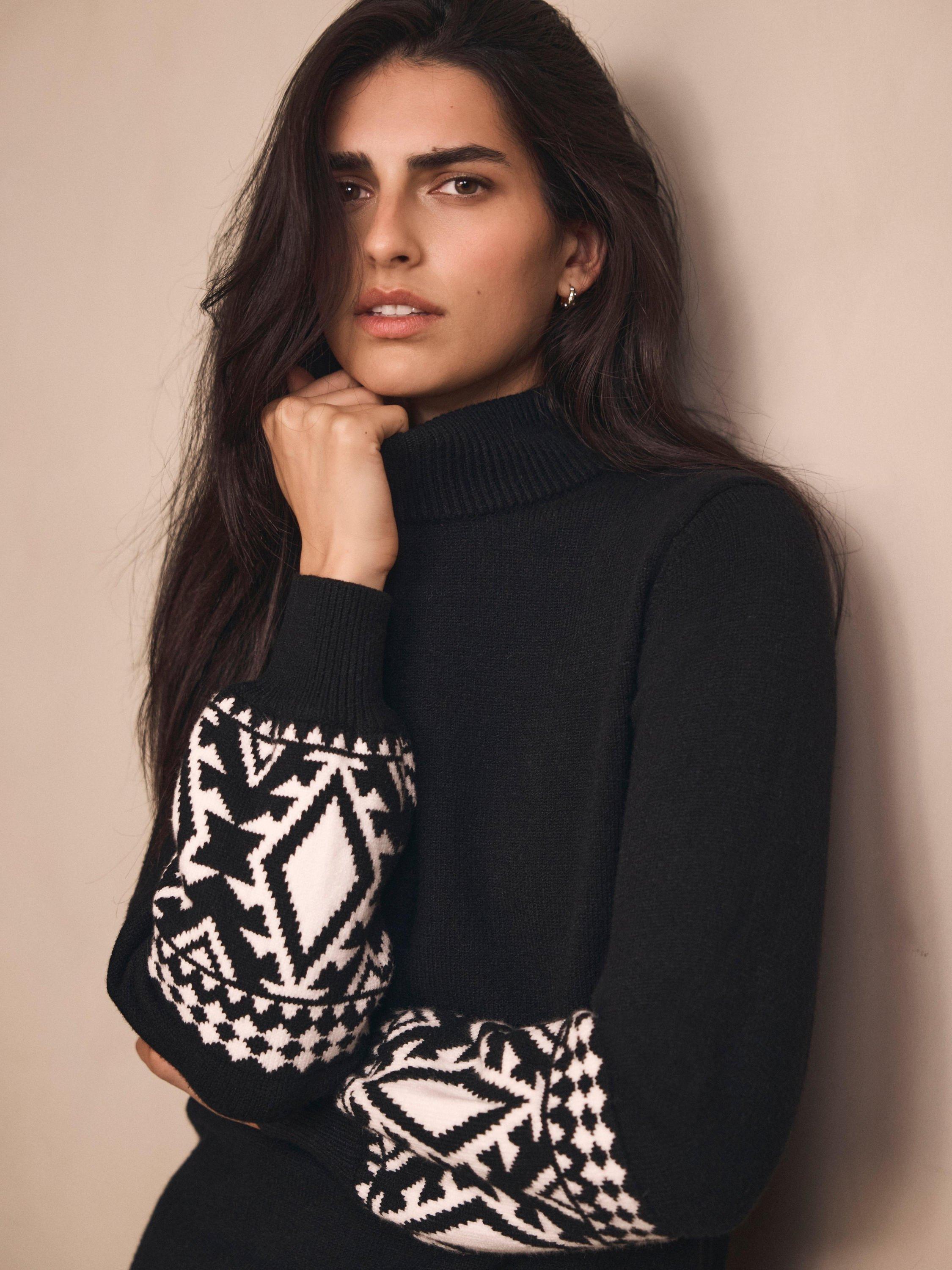 Product image 3 of 7, which shows Mint Velvet Graphic Sleeve Turtle Neck Mini Dress , Black/White, XL