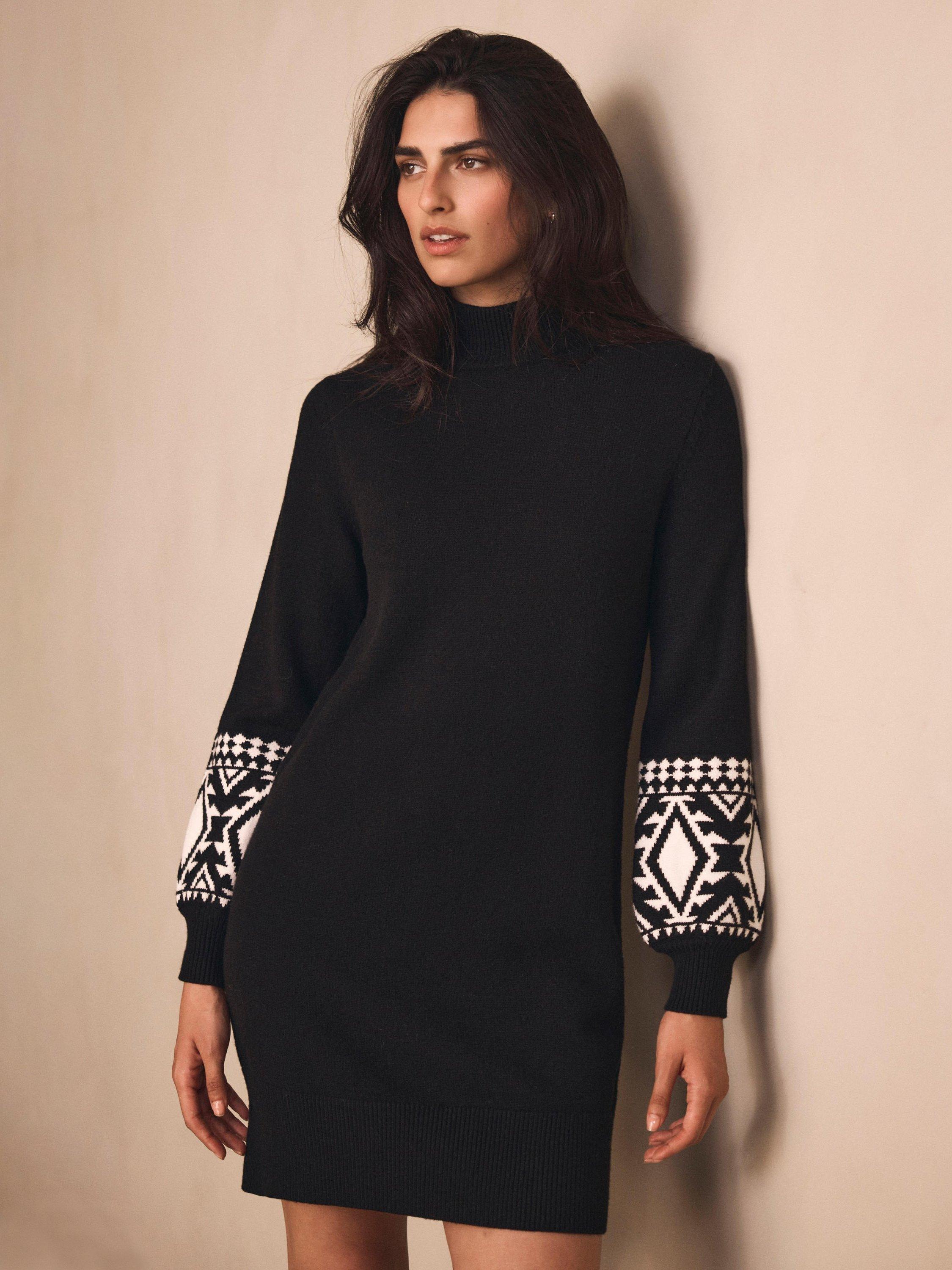 Product image 4 of 7, which shows Mint Velvet Graphic Sleeve Turtle Neck Mini Dress , Black/White, XL