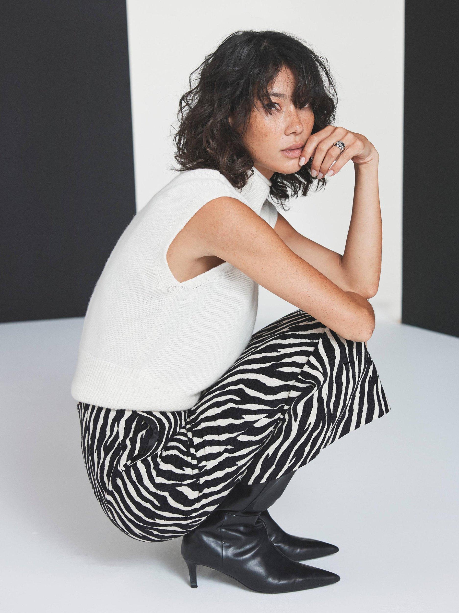 Product image 2 of 8, which shows Mint Velvet Zebra Print Midi Skirt, White/Black, 16